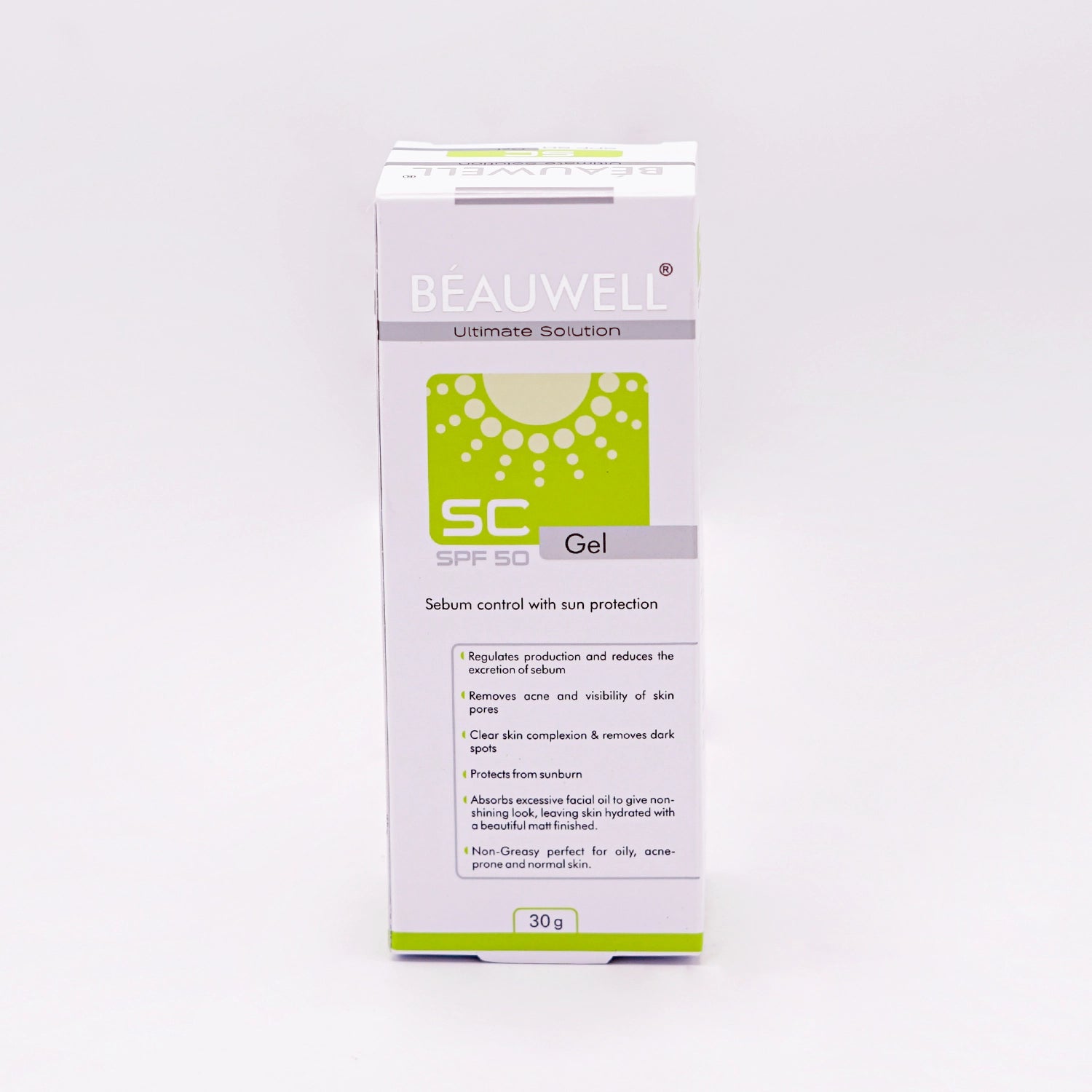 Beauwell Ultimate Solution SC Gel SPF 50, 30g, Sebum control with sun protection, in a white box with a green and white label featuring a sun graphic.
