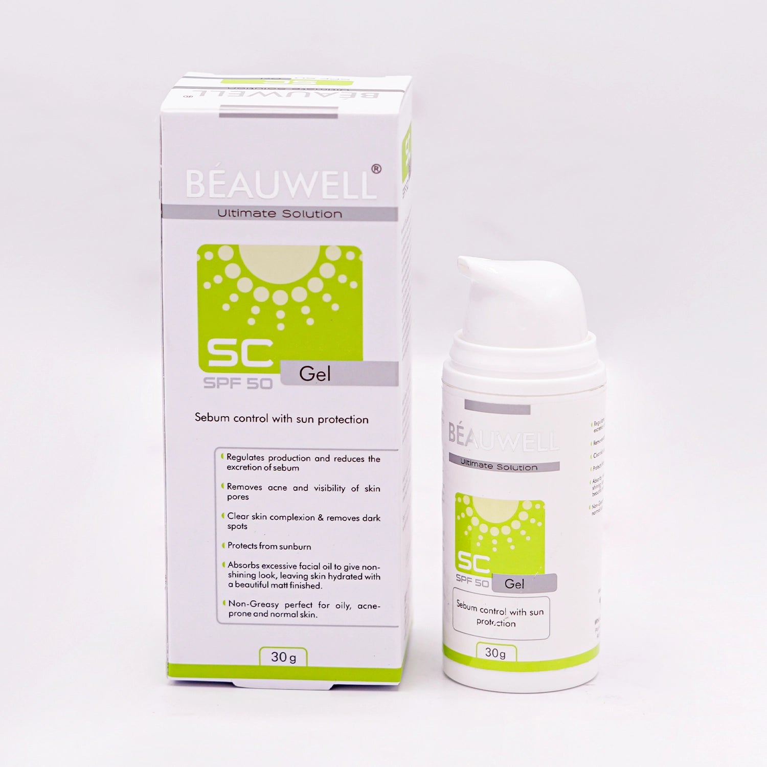 Beauwell Ultimate Solution SC Gel SPF 50, 30g, Sebum control with sun protection, in a white box with a green and white label featuring a sun graphic, next to a white bottle with a pump dispenser and a similar label.