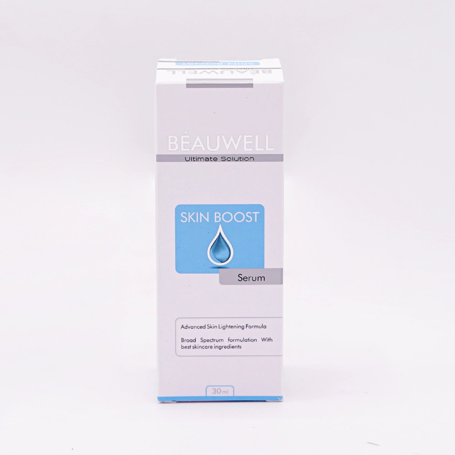 BEAUWELL Ultimate Solution Skin Boost Serum, Advanced Skin Lightening formula, Broad Spectrum formulation with best skincare ingredients, 30ml white box with a blue and white label featuring a blue droplet graphic.