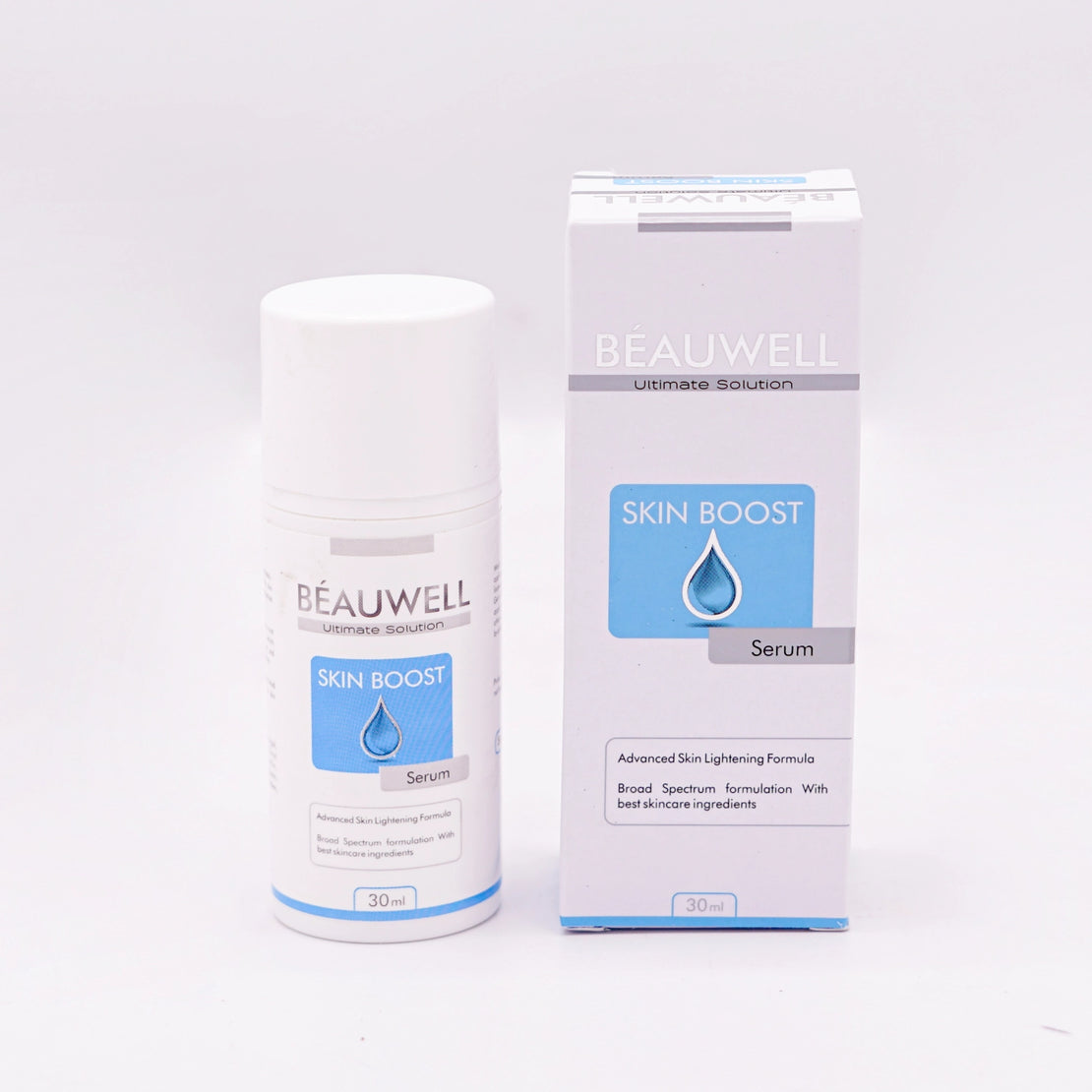 Beauwell Ultimate Solution Skin Boost Serum, Advanced Skin Lightening formula, Broad Spectrum formulation with best skincare ingredients, 30ml white bottle with a white pump dispenser and a blue and white label featuring a blue droplet graphic, and its ma