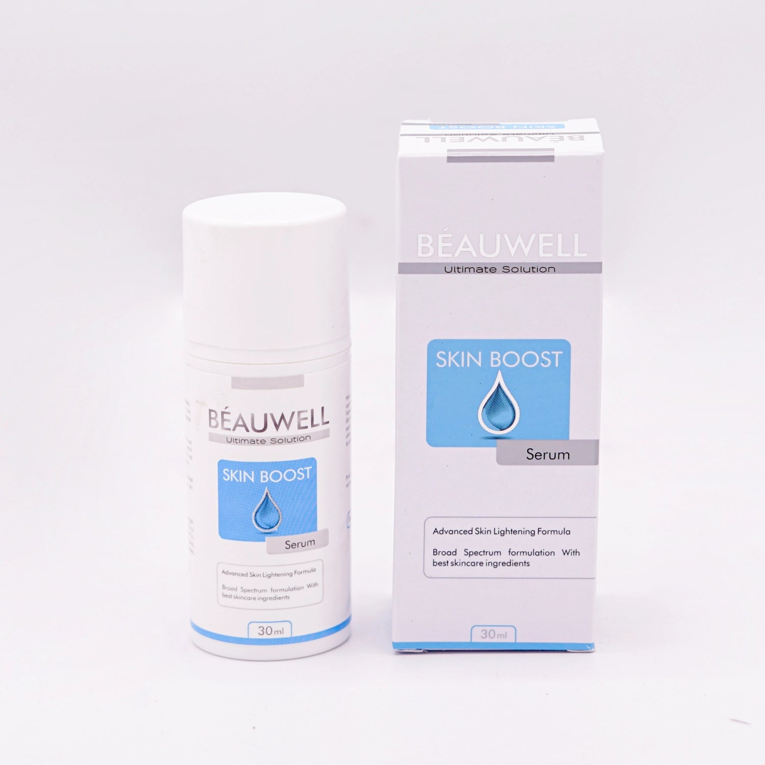 Beauwell Ultimate Solution Skin Boost Serum, Advanced Skin Lightening formula, Broad Spectrum formulation with best skincare ingredients, 30ml white bottle with a white pump dispenser and a blue and white label featuring a blue droplet graphic, and its ma