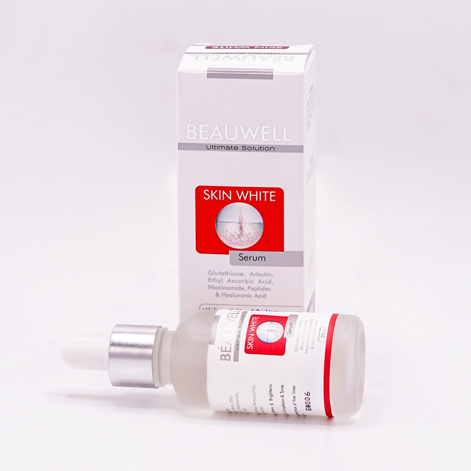 Beauwell Skin White Serum, formulated with Glutathione, Arbutin, Ethyl Ascorbic Acid, Niacinamide, Peptides & Hyaluronic Acid, to hydrate, lighten, brighten, improve skin complexion and tone, and reduce the appearance of fine lines and wrinkles, shown wit