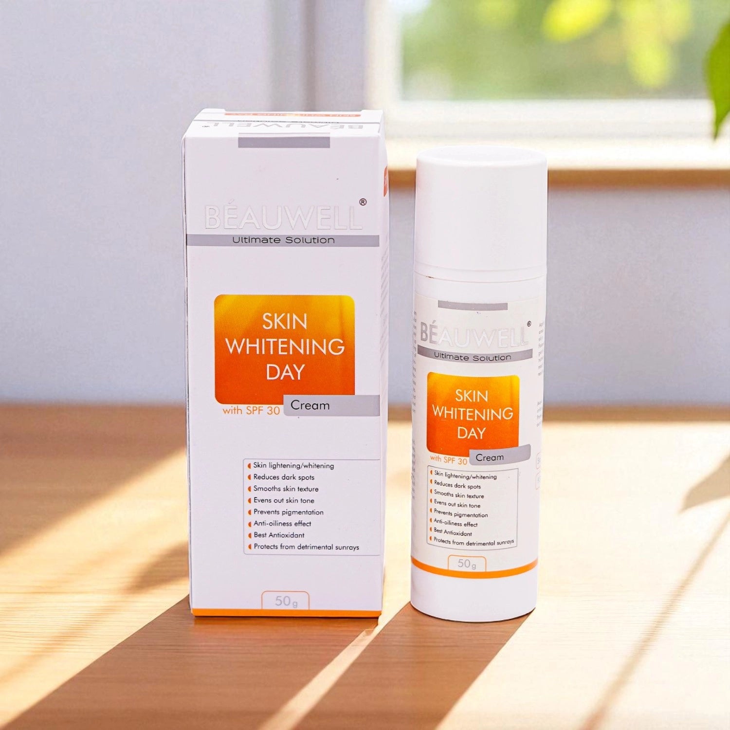 A bottle of Beauwell Skin Whitening Day Cream placed on a table, showcasing its sleek design and label.