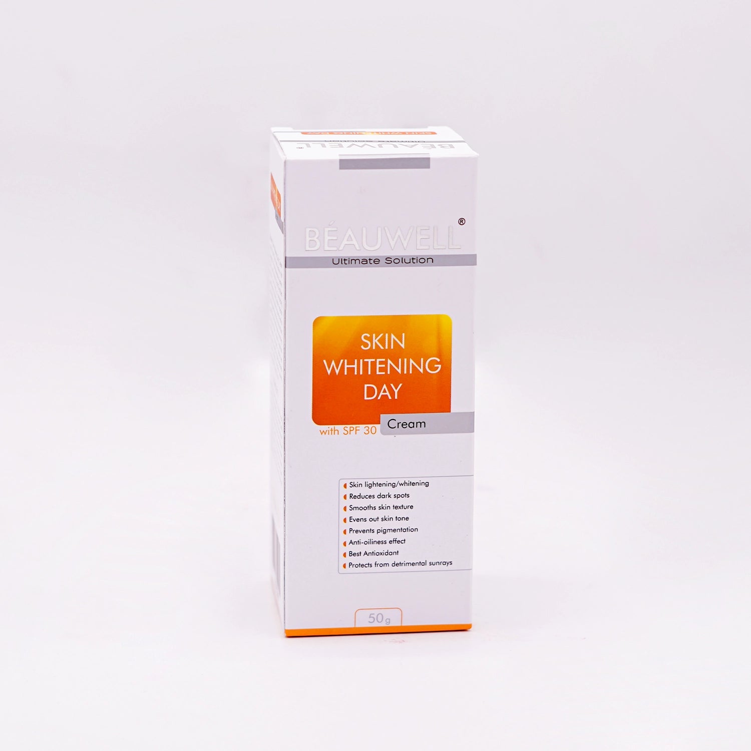 Beauwell Ultimate Solution Skin Whitening Day Cream with SPF 30, 50g, in a white box with an orange and white label