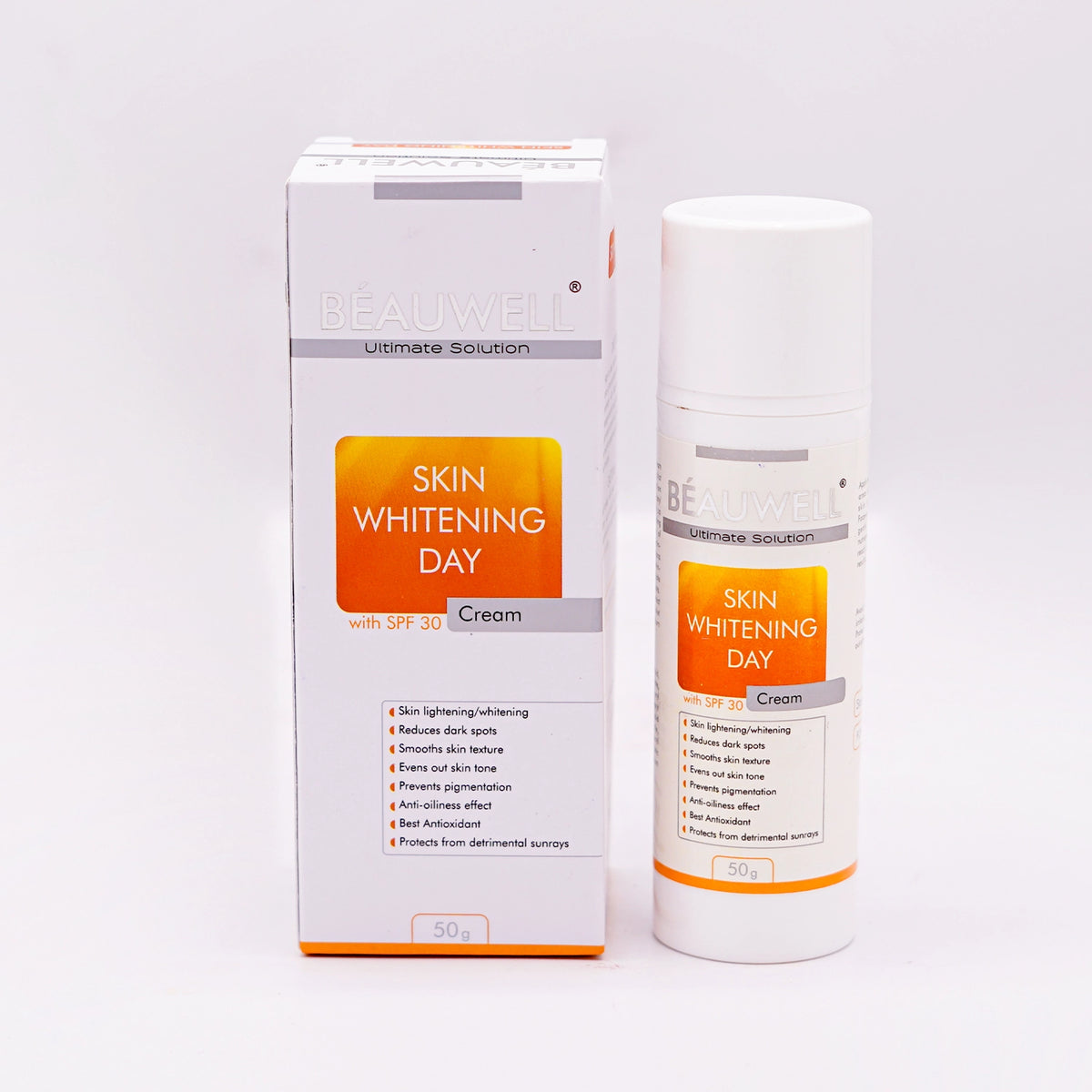 Beauwell Skin Whitening Day Cream with SPF 30, an ultimate solution for skin lightening, reducing dark spots, evening skin tone, and protecting from sunrays, shown with its bottle and box.