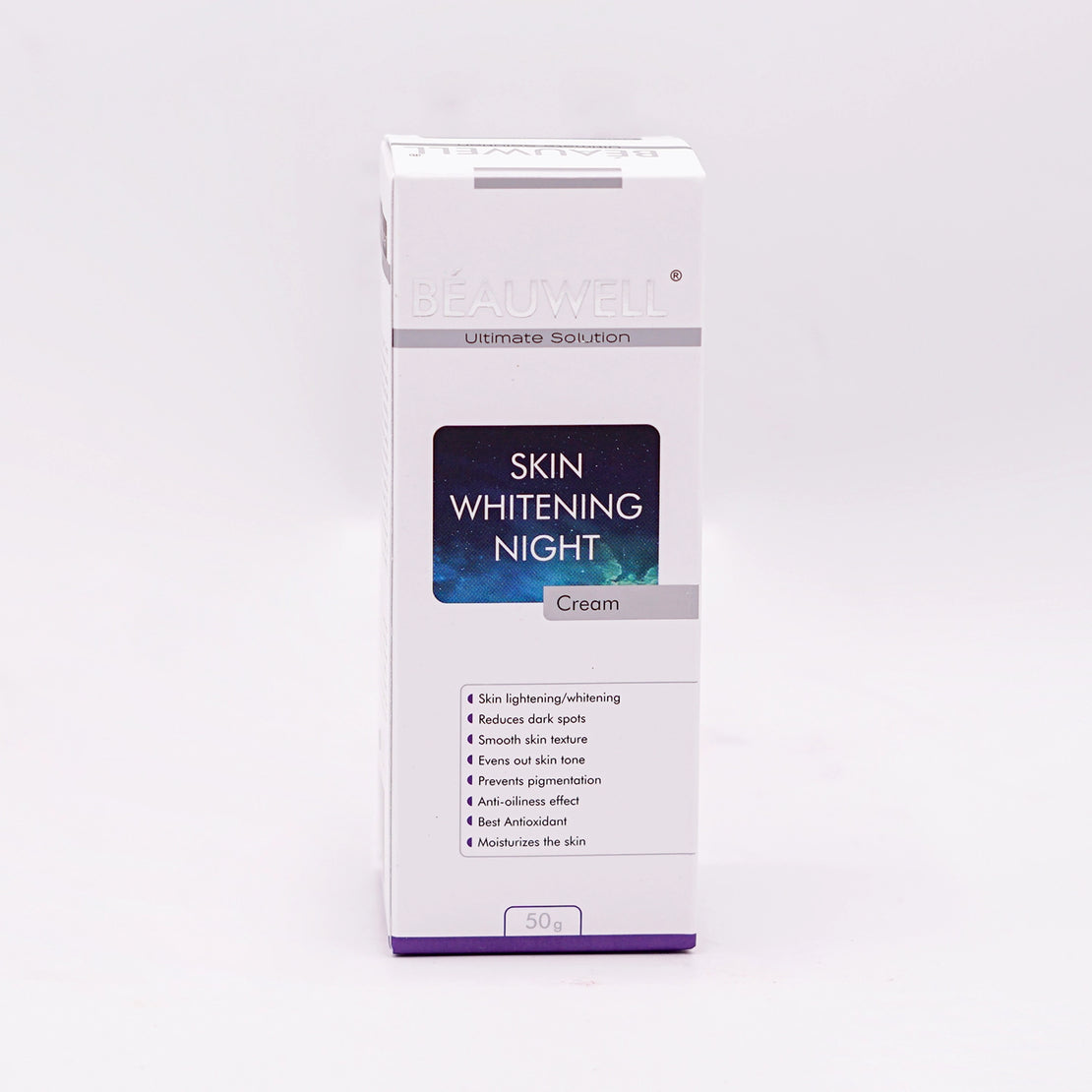Beauwell Ultimate Solution Skin Whitening Night Cream, 50g, in a white box with a dark blue and white label featuring a starry sky graphic.