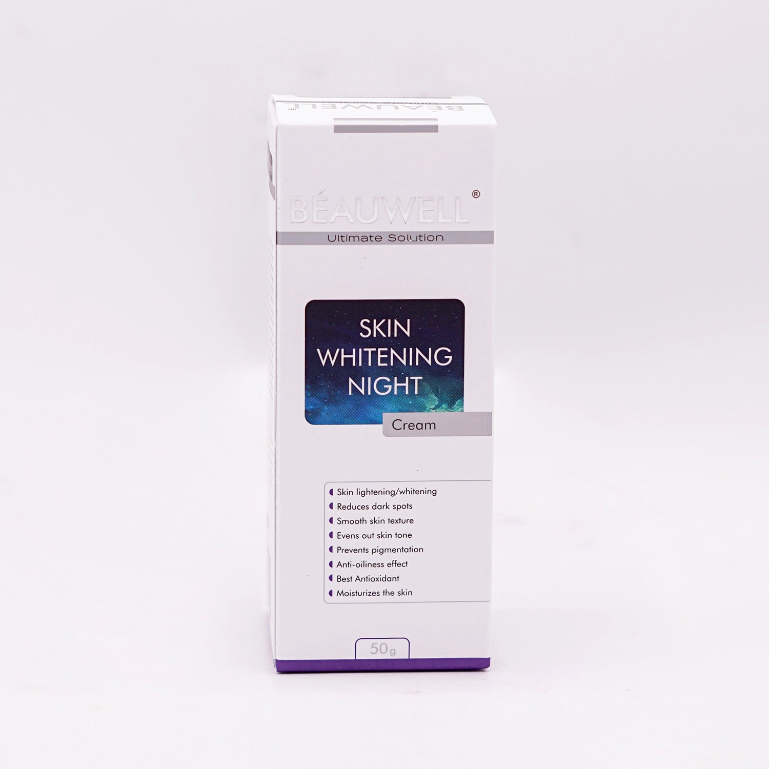 Beauwell Ultimate Solution Skin Whitening Night Cream, 50g, in a white box with a dark blue and white label featuring a starry sky graphic.