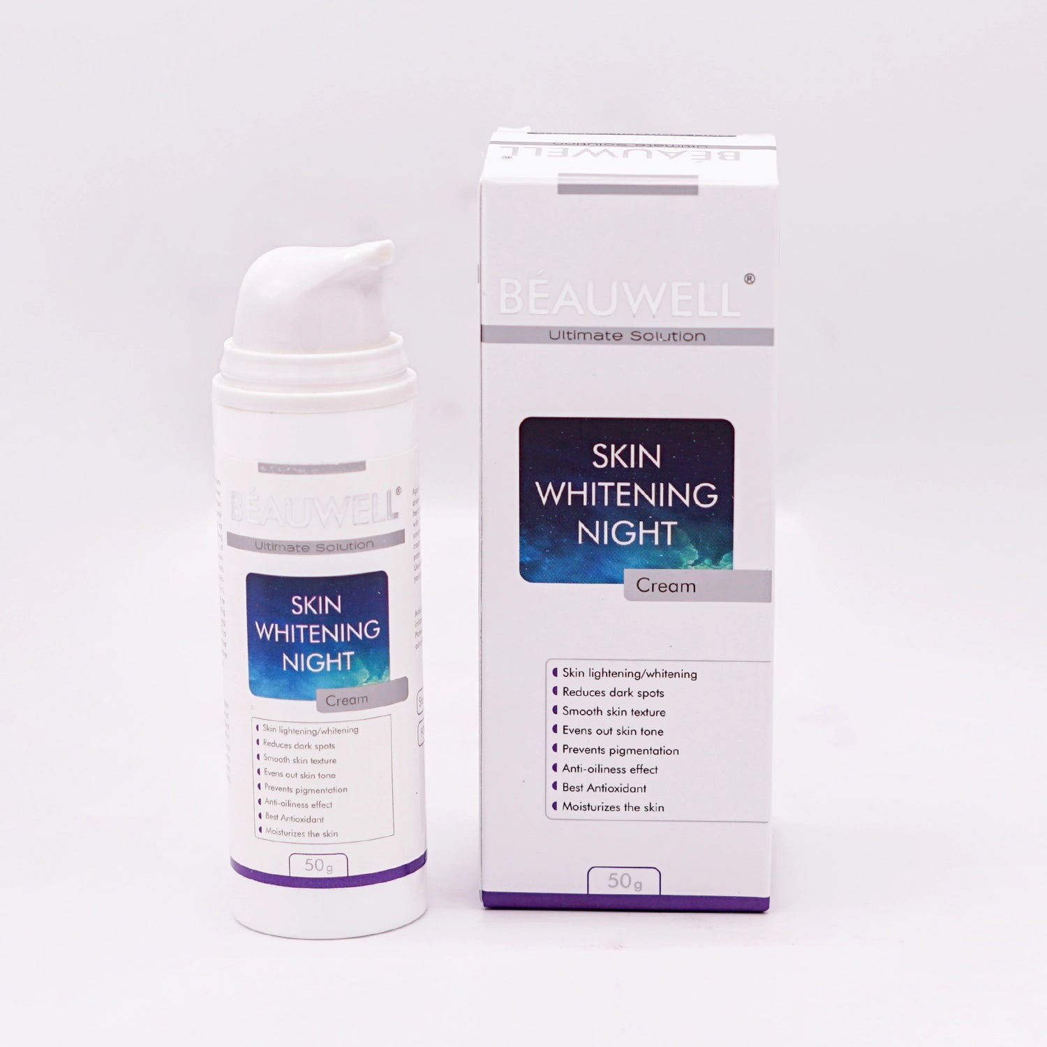 Beauwell Skin Whitening Night Cream, an ultimate solution for skin lightening, reducing dark spots, evening skin tone, and moisturizing, shown with its bottle and box.
