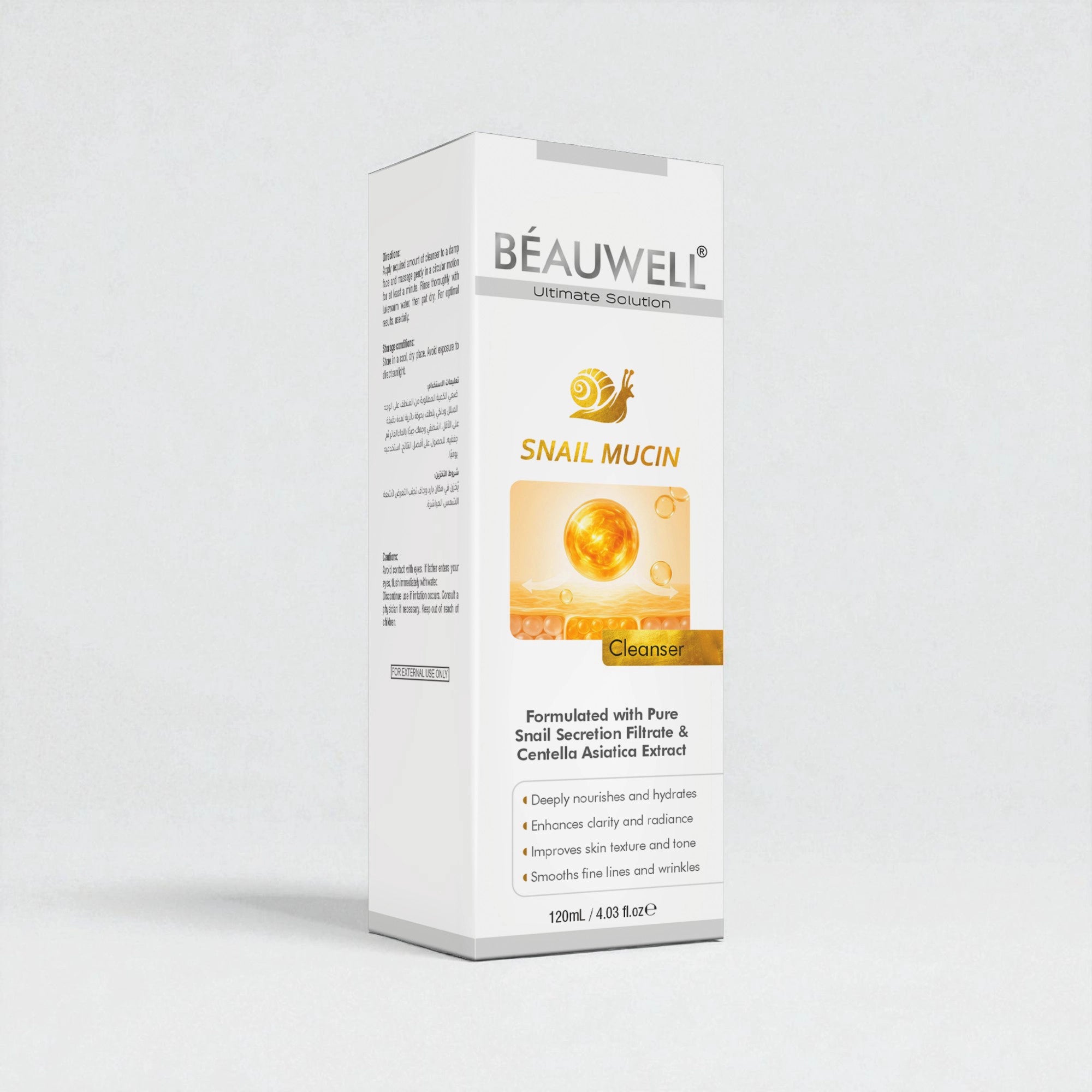 Beauwell snail cleanser bottle displayed alongside its box, showcasing the skincare product.