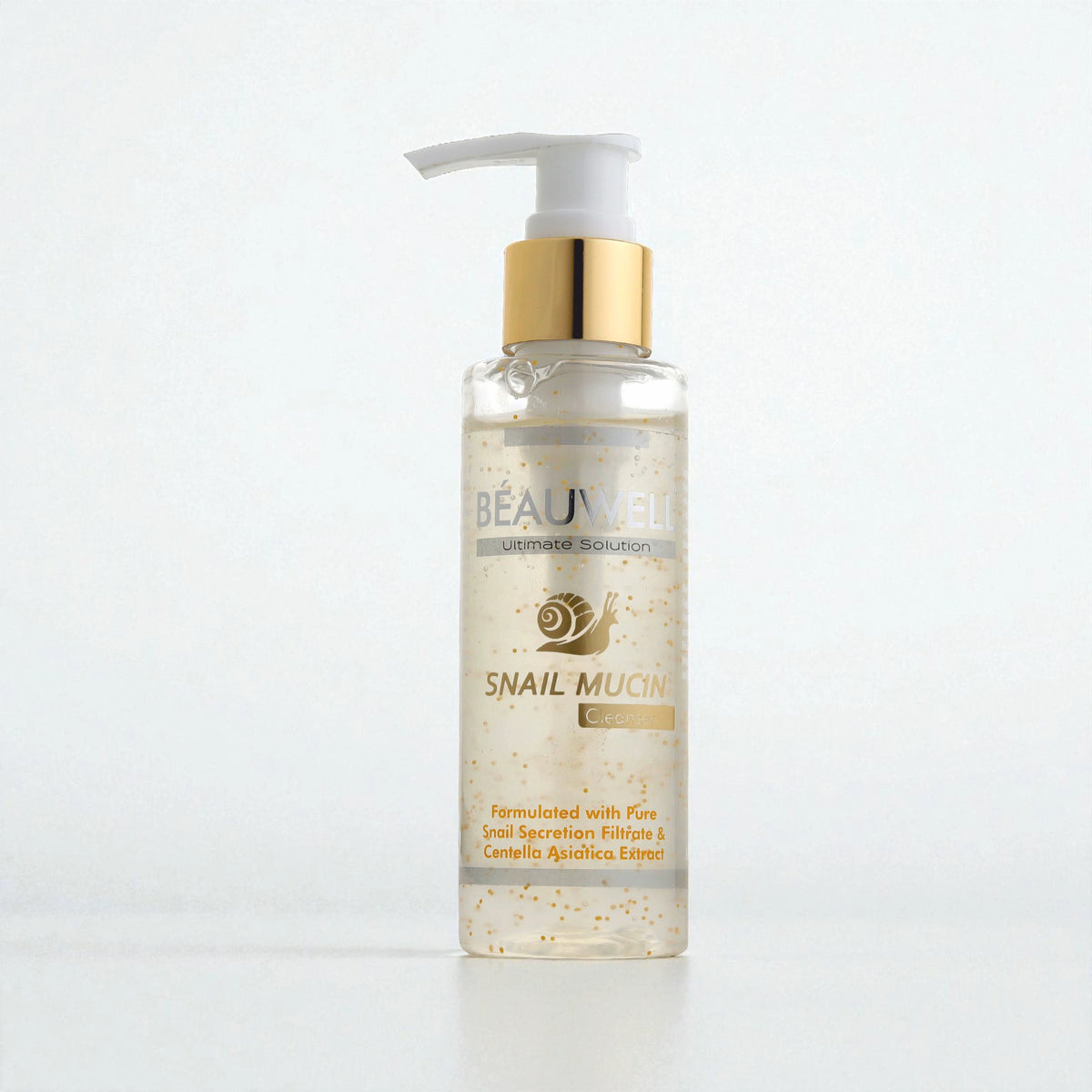 A bottle of snail cleanser by Beauwell positioned, highlighting the skincare item.