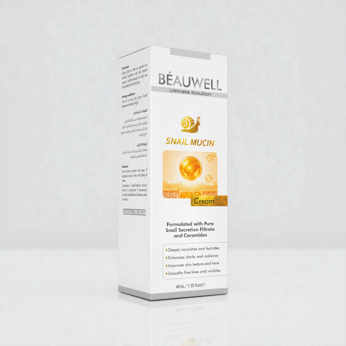 Beauwell skin care products featuring snail mucin cream, showcasing the packaging and texture of the cream.