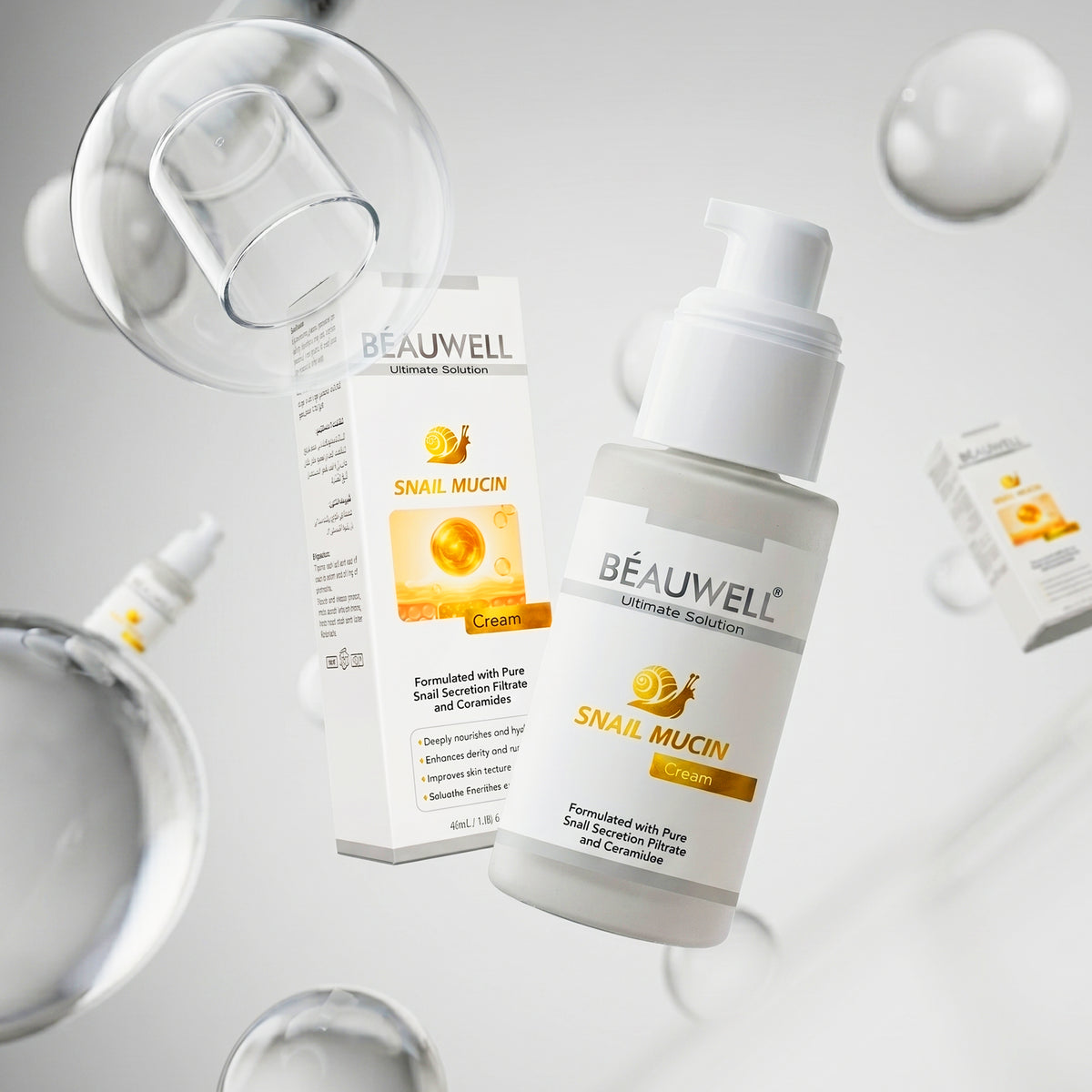 Beauwell Snail Mucin Cream pump bottle and packaging box floating with water bubbles.
