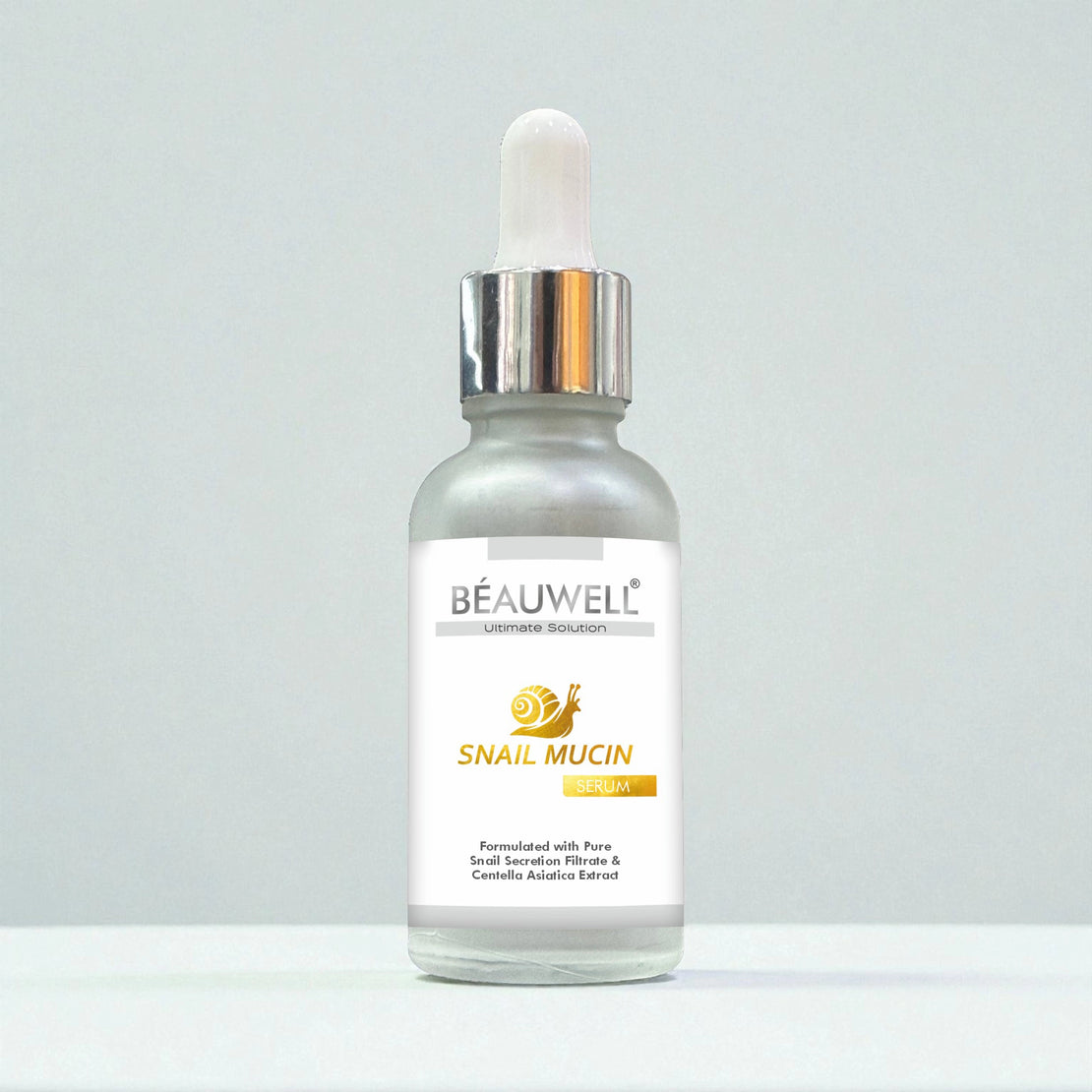 Beauwell snail serum bottle displayed on a clean white surface, showcasing its sleek design and label details.