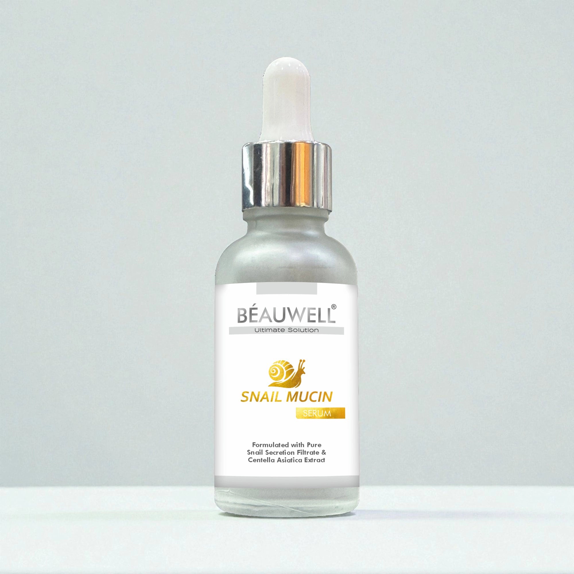 Beauwell snail serum bottle displayed on a clean white surface, showcasing its sleek design and label details.