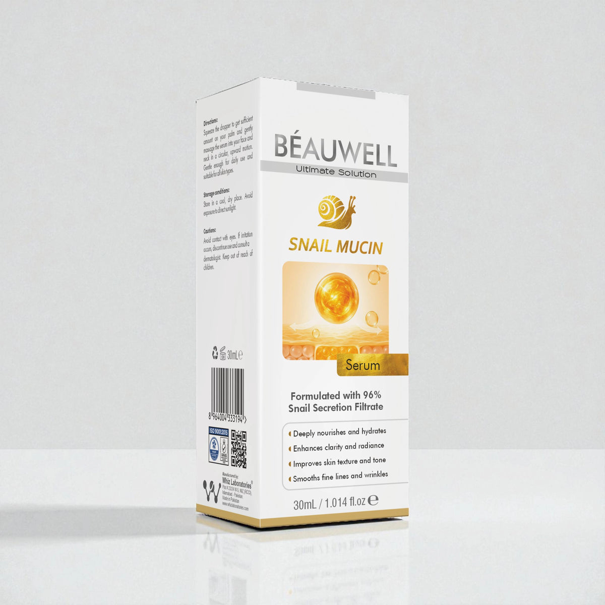 Box of Beauwell serum, highlighting snail serum ingredients aimed at enhancing skin hydration and reducing fine lines.