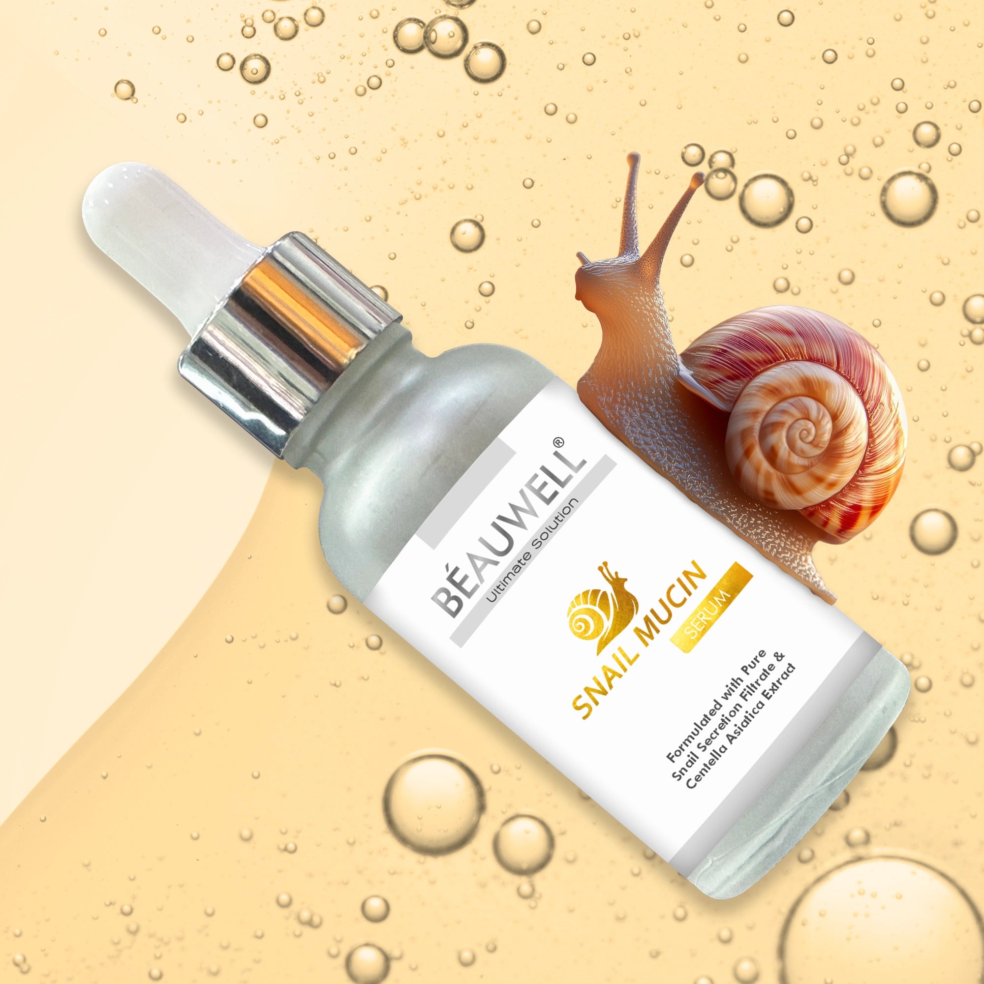 A snail beside a bottle of snail mucin serum on a bright yellow background.