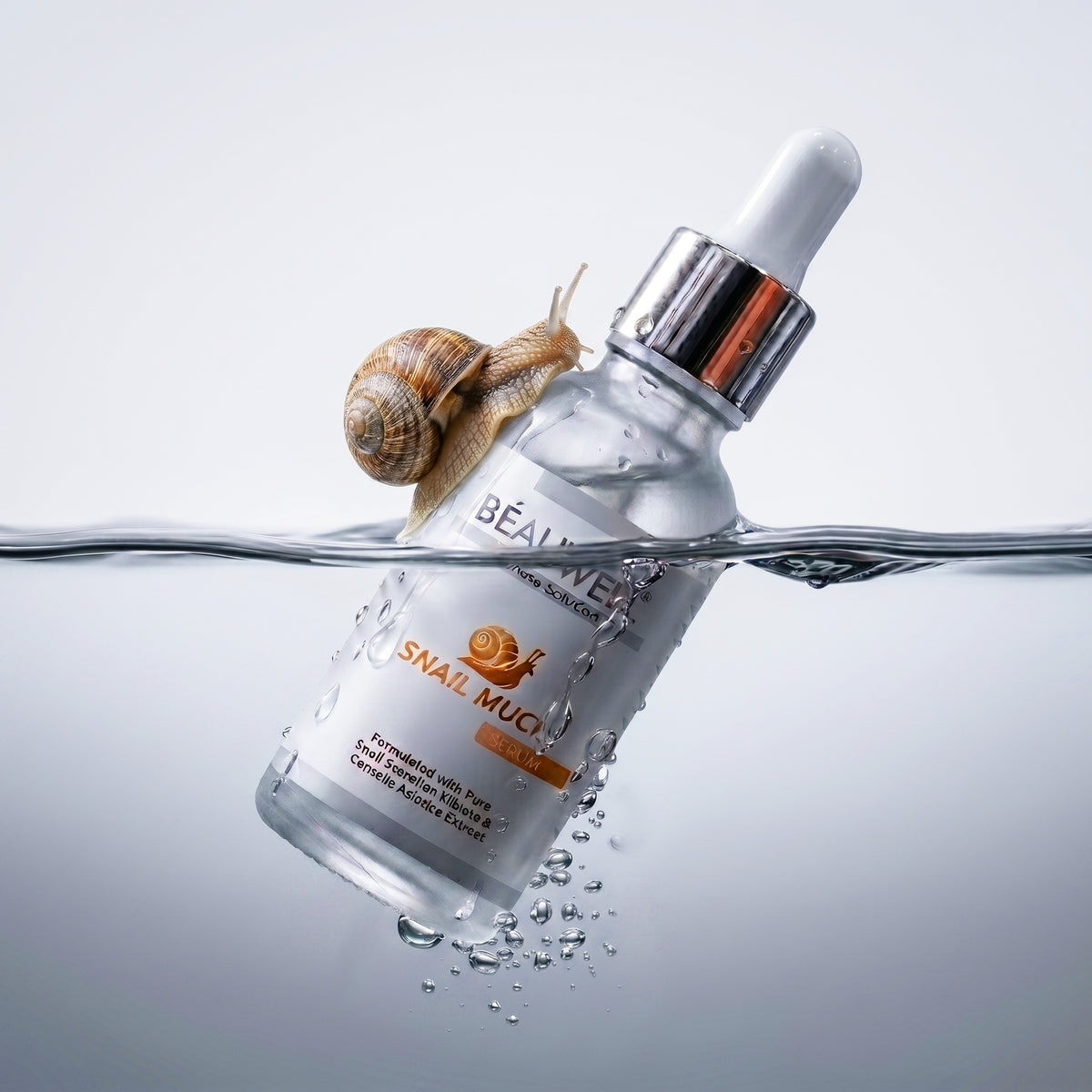 Beauwell Snail Mucin Serum glass bottle submerged in water with a snail on top
