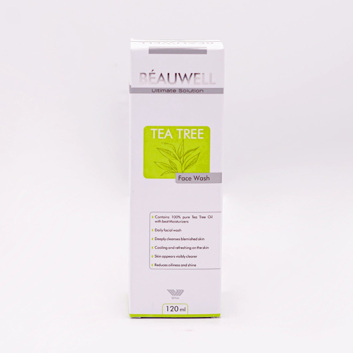 Beauwell Ultimate Solution Tea Tree Face Wash, 120ml, in a white and green box featuring a tea tree leaf graphic.