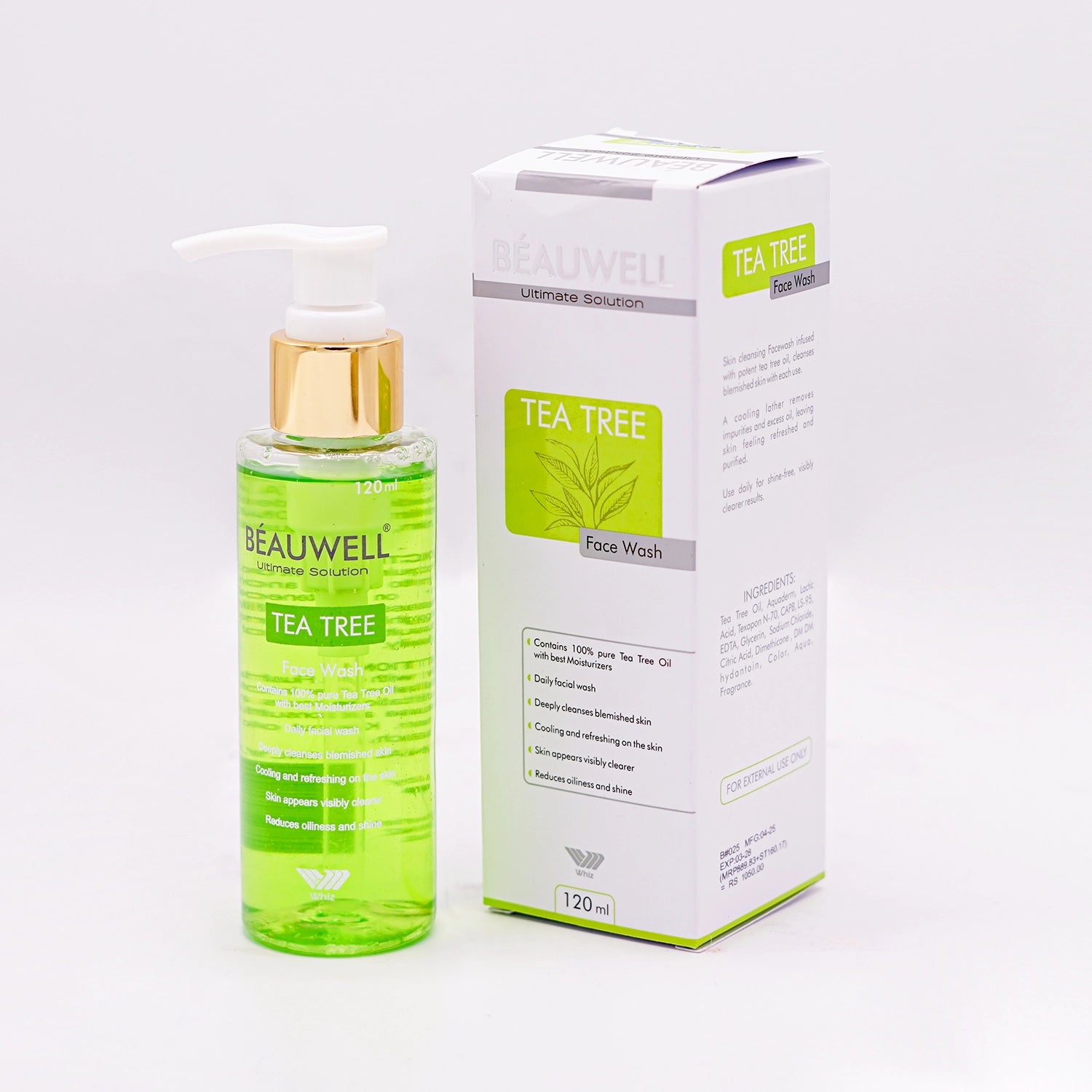 Beauwell Ultimate Solution Tea Tree Face Wash, 120ml, in a clear bottle with a gold pump dispenser and a green label featuring a tea tree leaf, next to its matching white and green box.