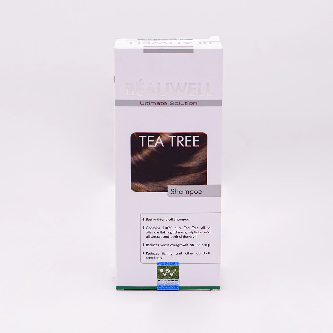 Beauwell Ultimate Solution Tea Tree Shampoo, in a white and green box featuring a graphic of hair.