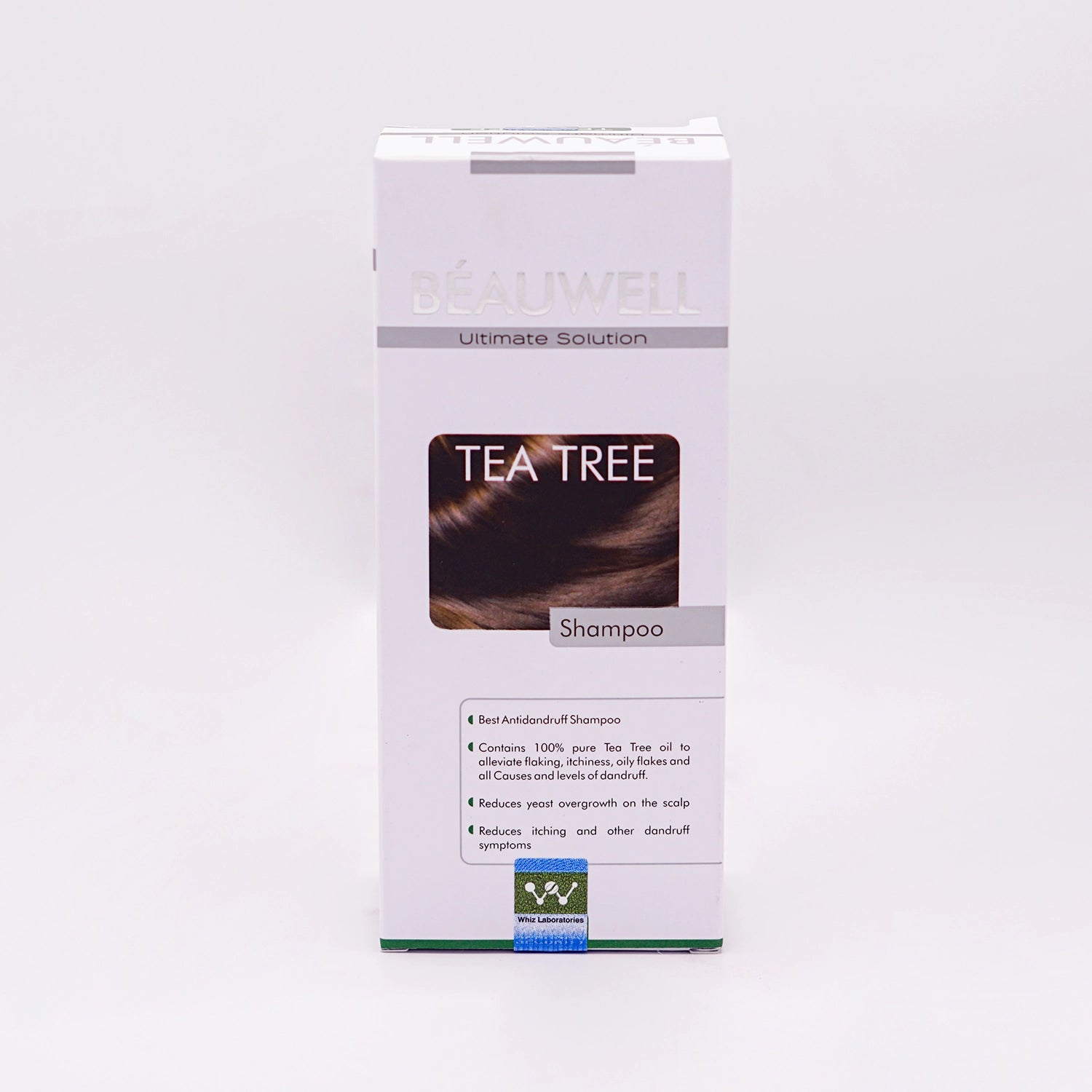 Beauwell Ultimate Solution Tea Tree Shampoo, in a white and green box featuring a graphic of hair.