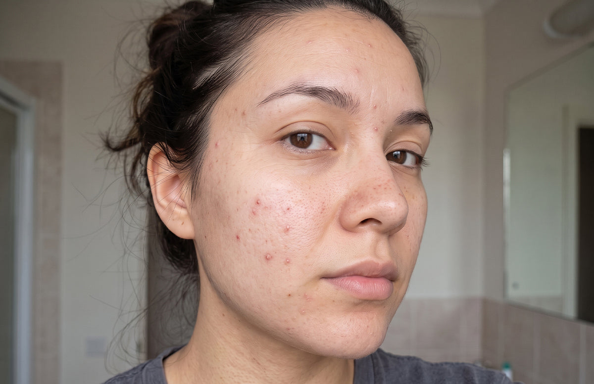A close-up portrait of a woman with visible facial acne and blemishes, photographed indoors with a softly blurred bathroom or room background.