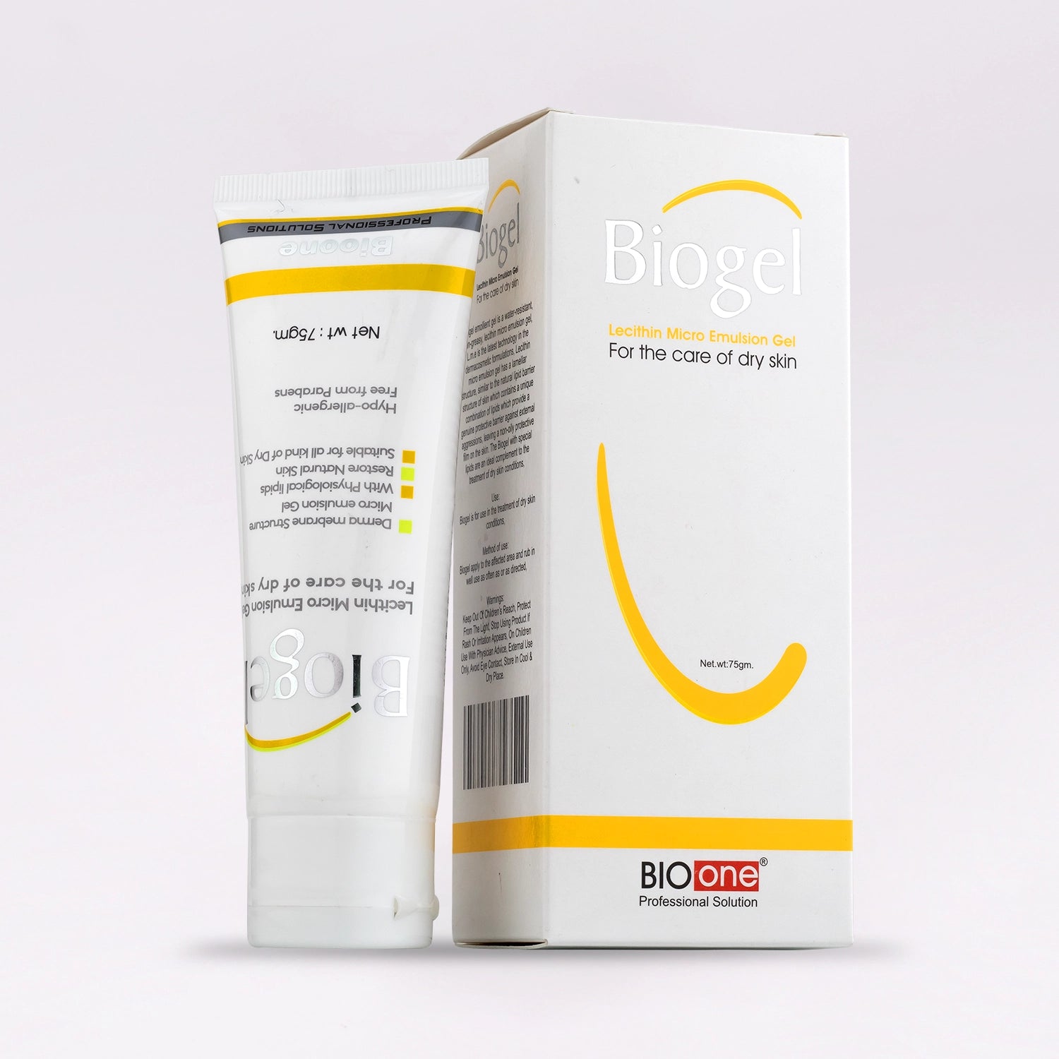 Biogel Lecithin Micro Emulsion Gel, 75gm white and yellow tube and its matching white and yellow box.