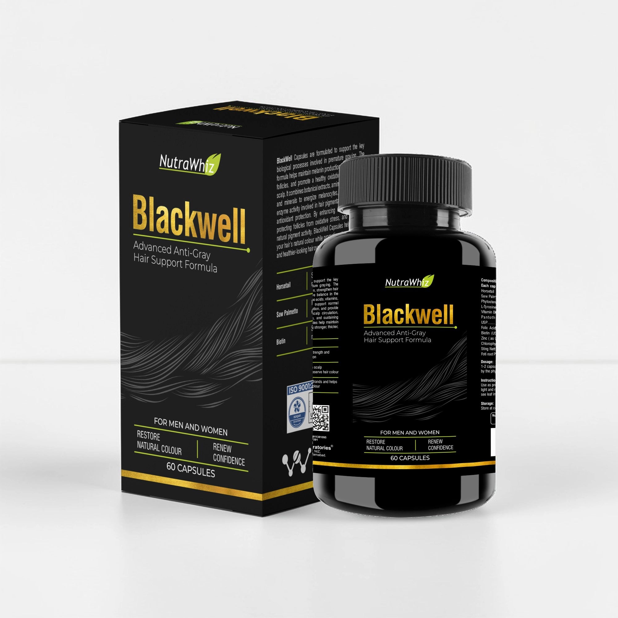 Blackwell advanced anti-gray hair support formula capsule bottle and product packaging box