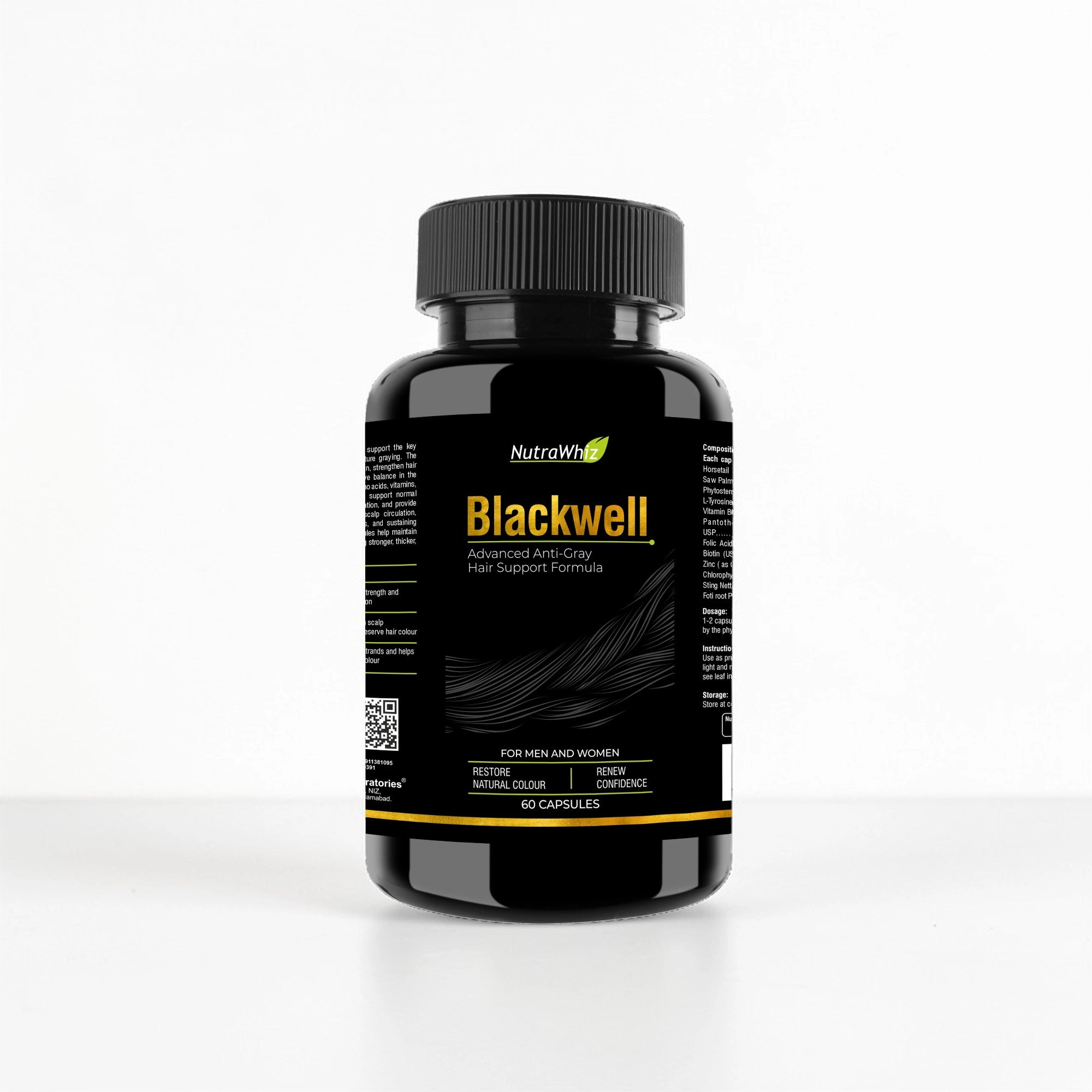 Blackwell advanced anti-gray hair support formula bottle displayed on a white surface.