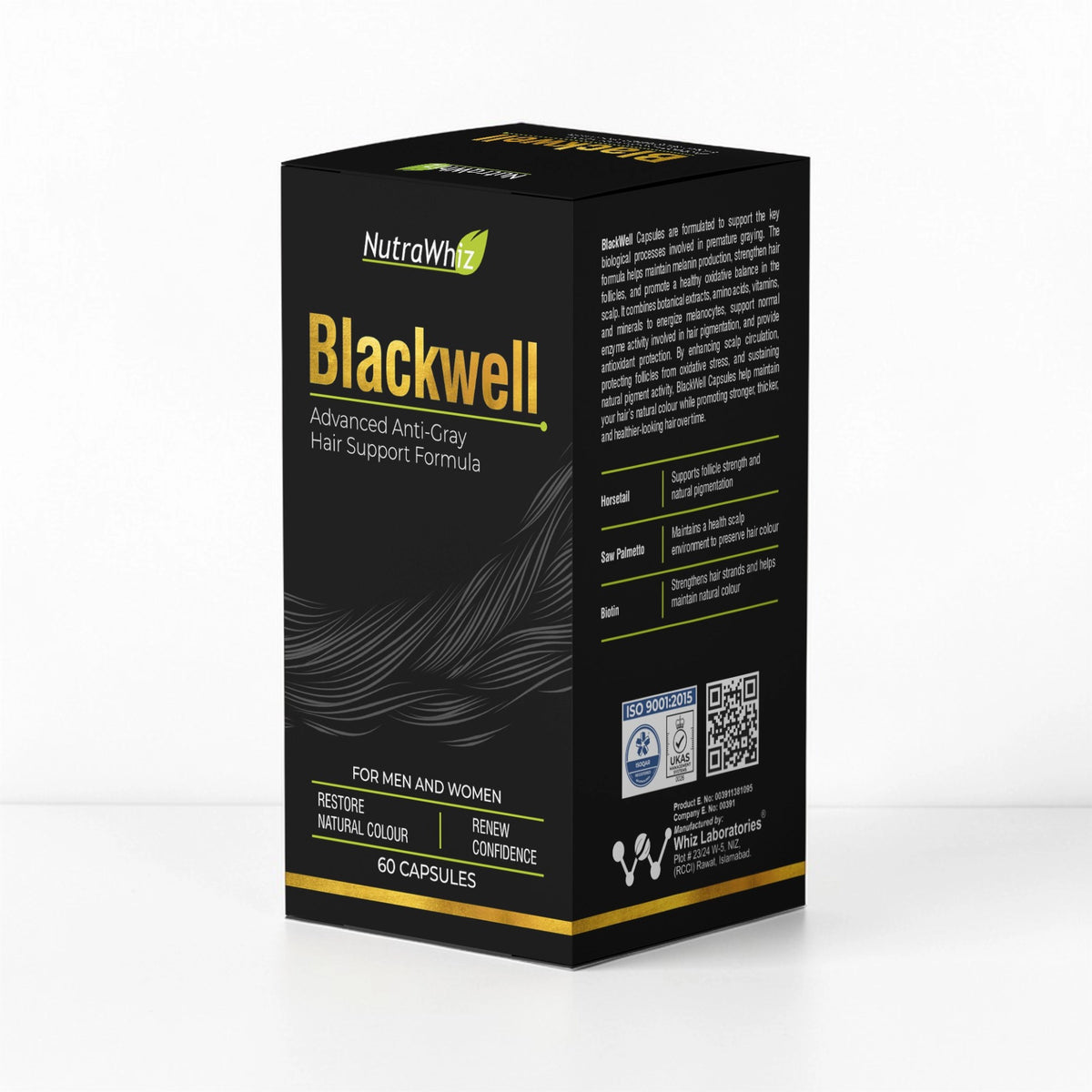 Blackwell advanced anti-gray hair support formula capsule bottle and packaging box