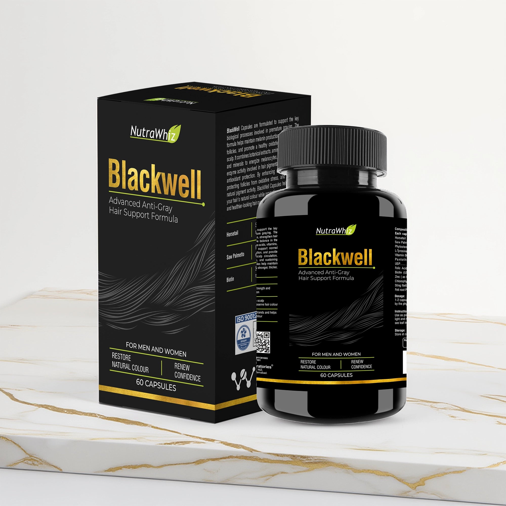 Blackwell advanced anti-gray hair support formula capsule bottle and packaging box on a marble surface