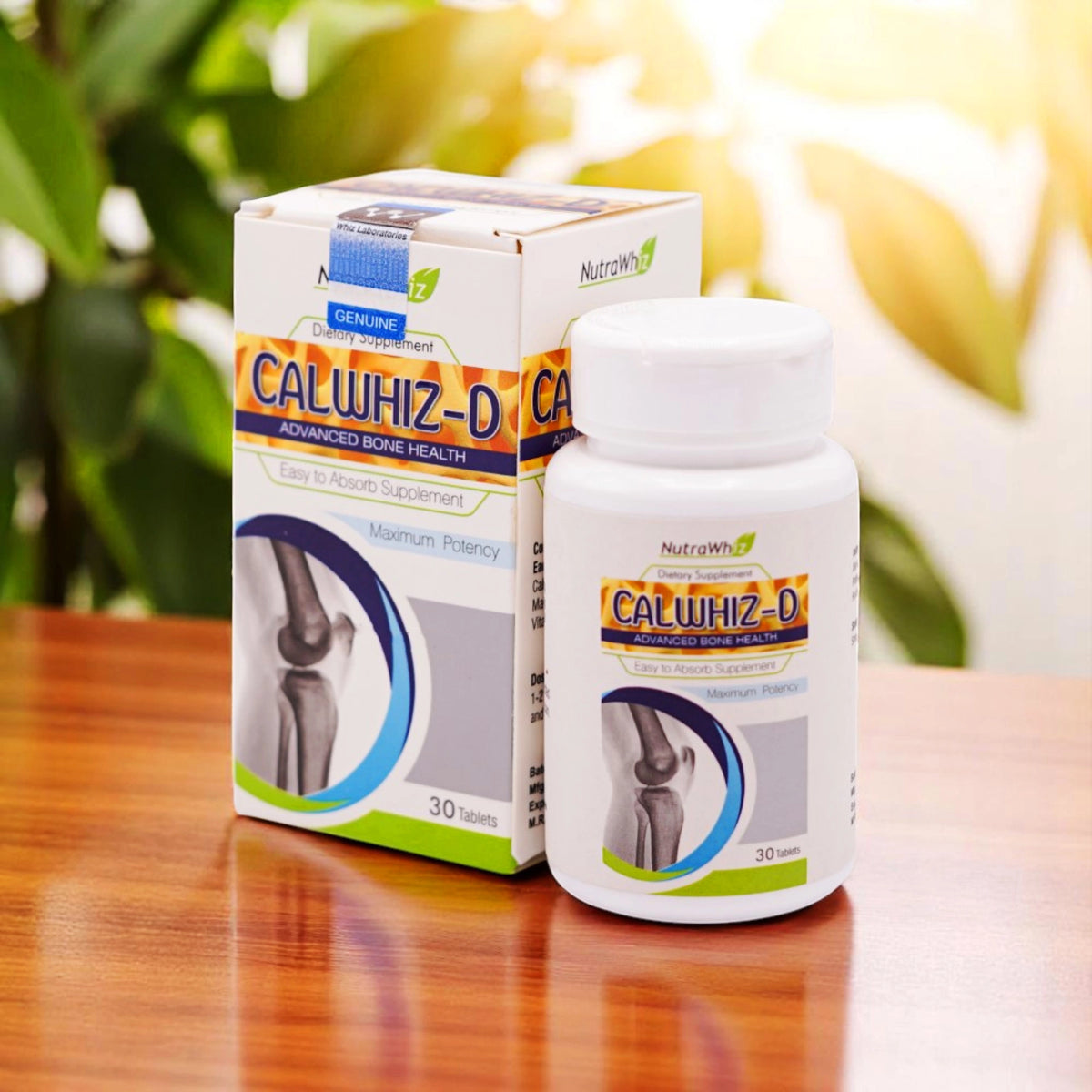 Nutrawhiz Calwhiz-D tablets, a strong and absorbable dietary supplement with maximum potency, designed for advanced bone health.