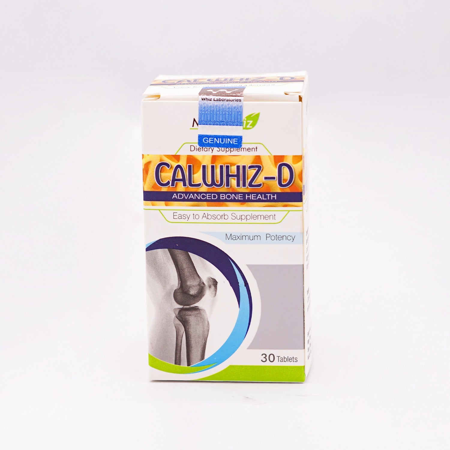 NutraWhiz Calwhiz-D Genuine Dietary Supplement, Advanced Bone Health, 30 Tablets, in a white and blue box featuring an X-ray graphic of a knee joint.