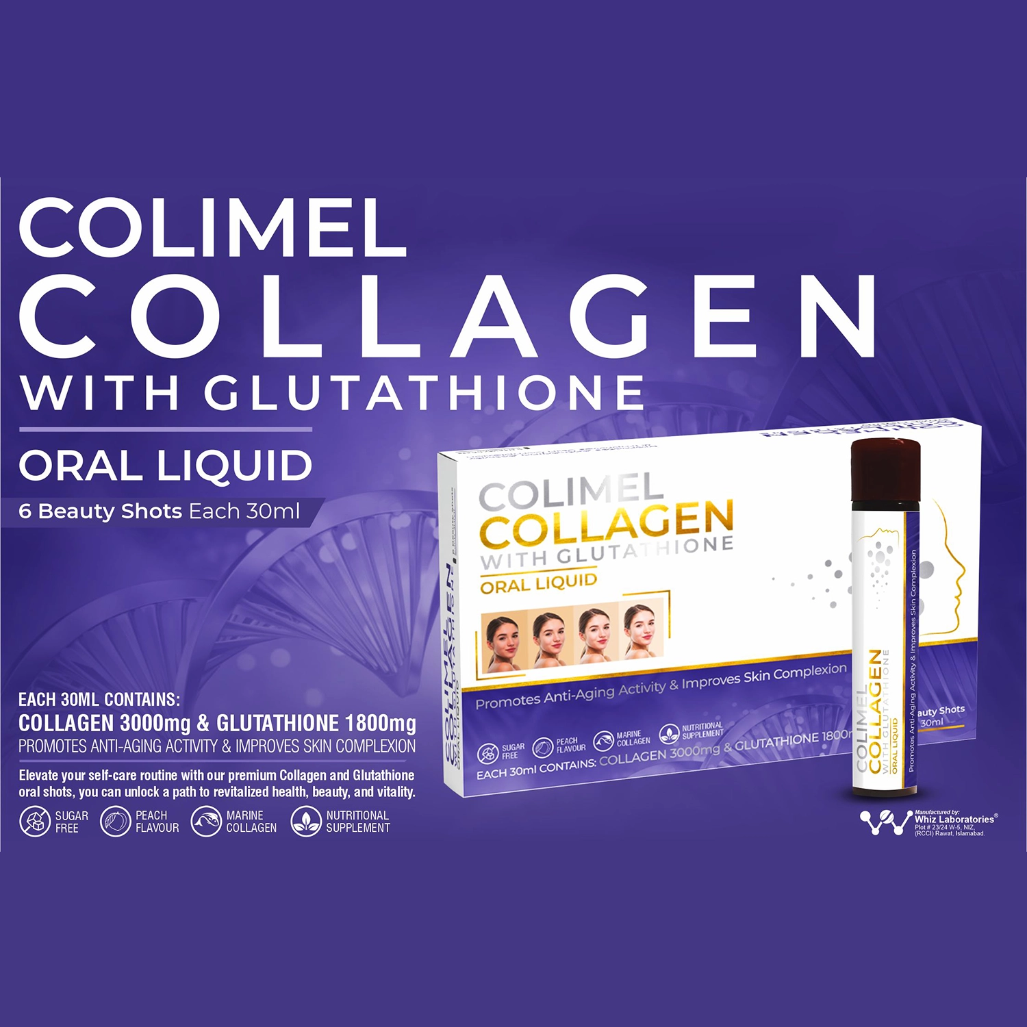 COLIMEL Collagen with Glutathione Oral Liquid, shot bottles, in a purple and white box.