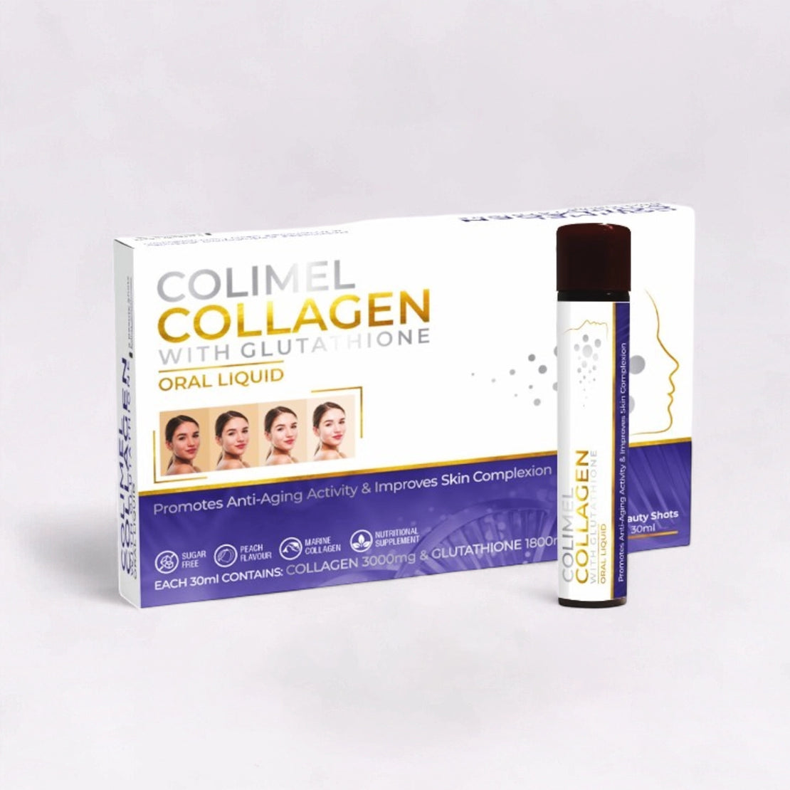 Colimel Collagen with Glutathione Oral Liquid, a peach-flavored, sugar-free nutritional supplement designed to promote anti-aging activity and improve skin complexion.