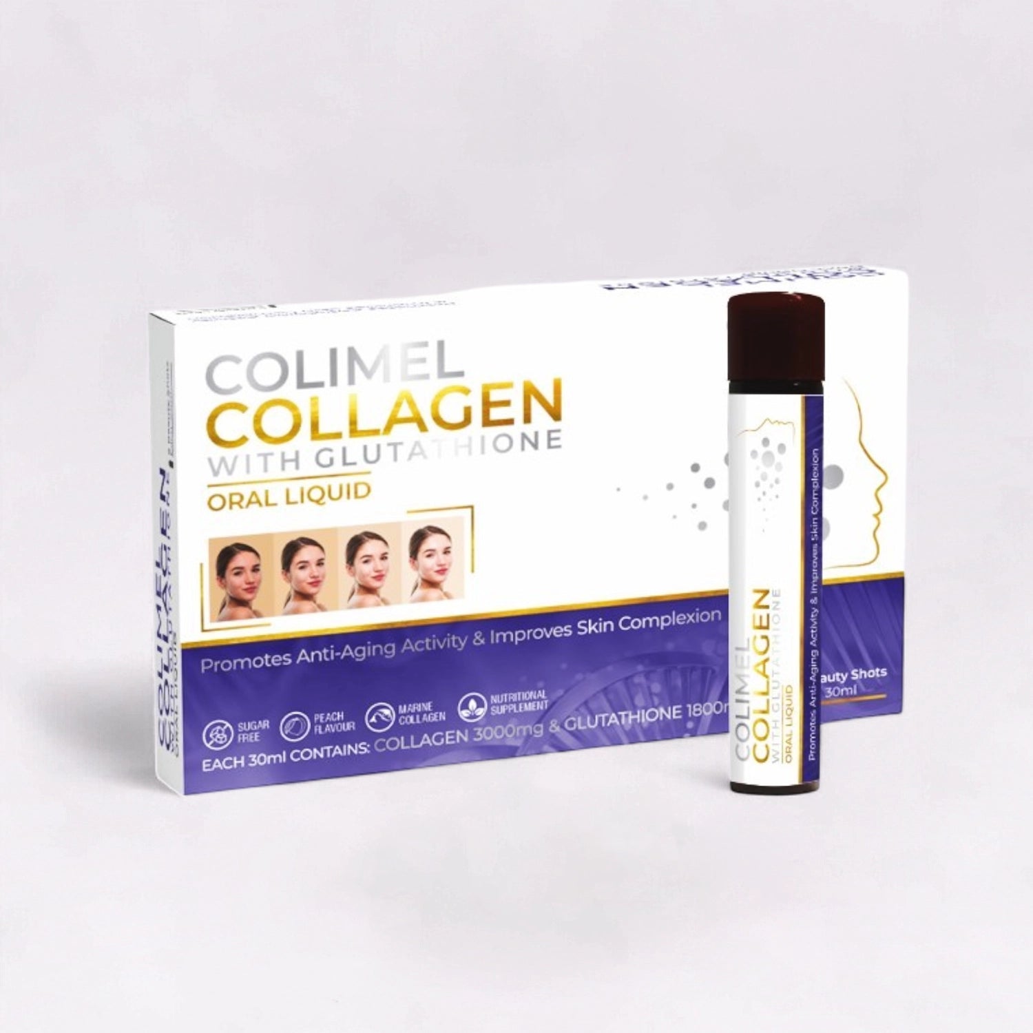 Colimel Collagen with Glutathione Oral Liquid, a peach-flavored, sugar-free nutritional supplement designed to promote anti-aging activity and improve skin complexion.