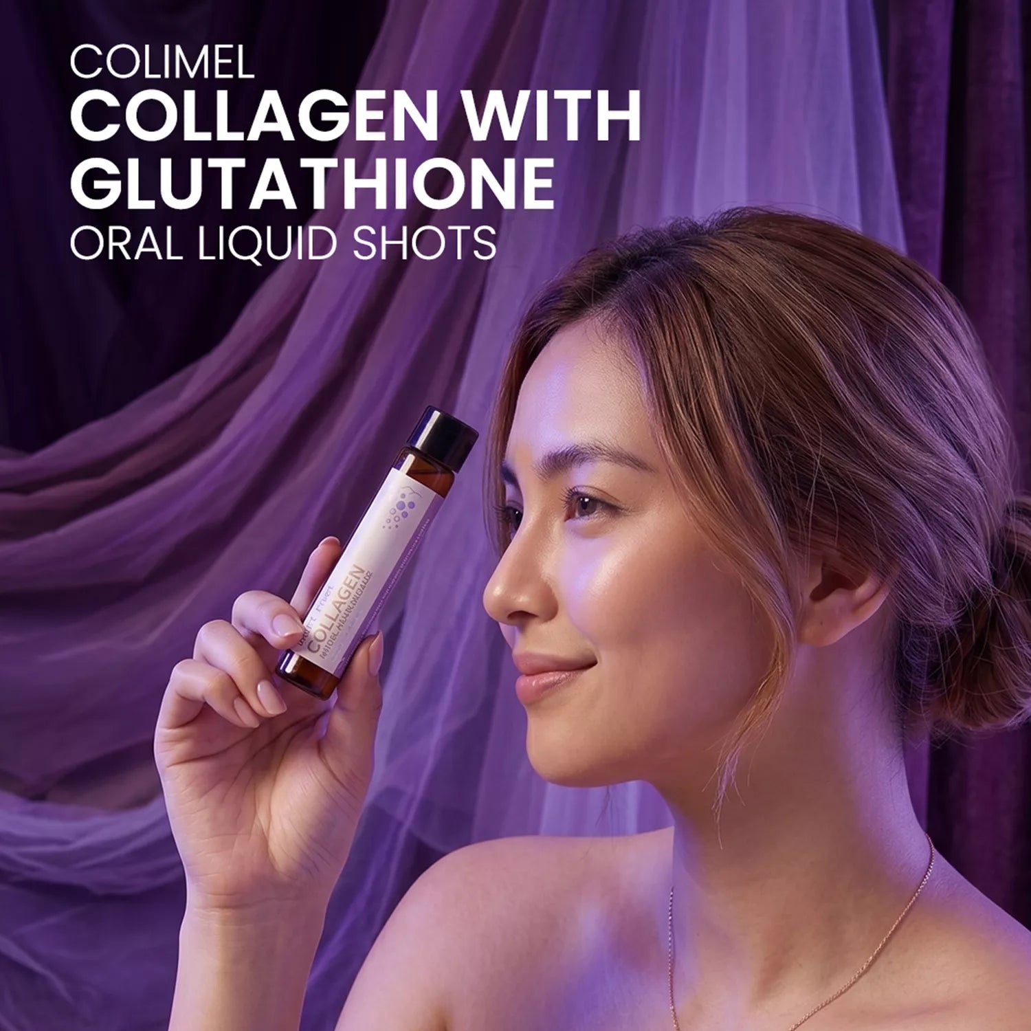 A smiling woman holding a single bottle of colimel collagen with glutathione oral liquid shot against a flowing purple fabric background