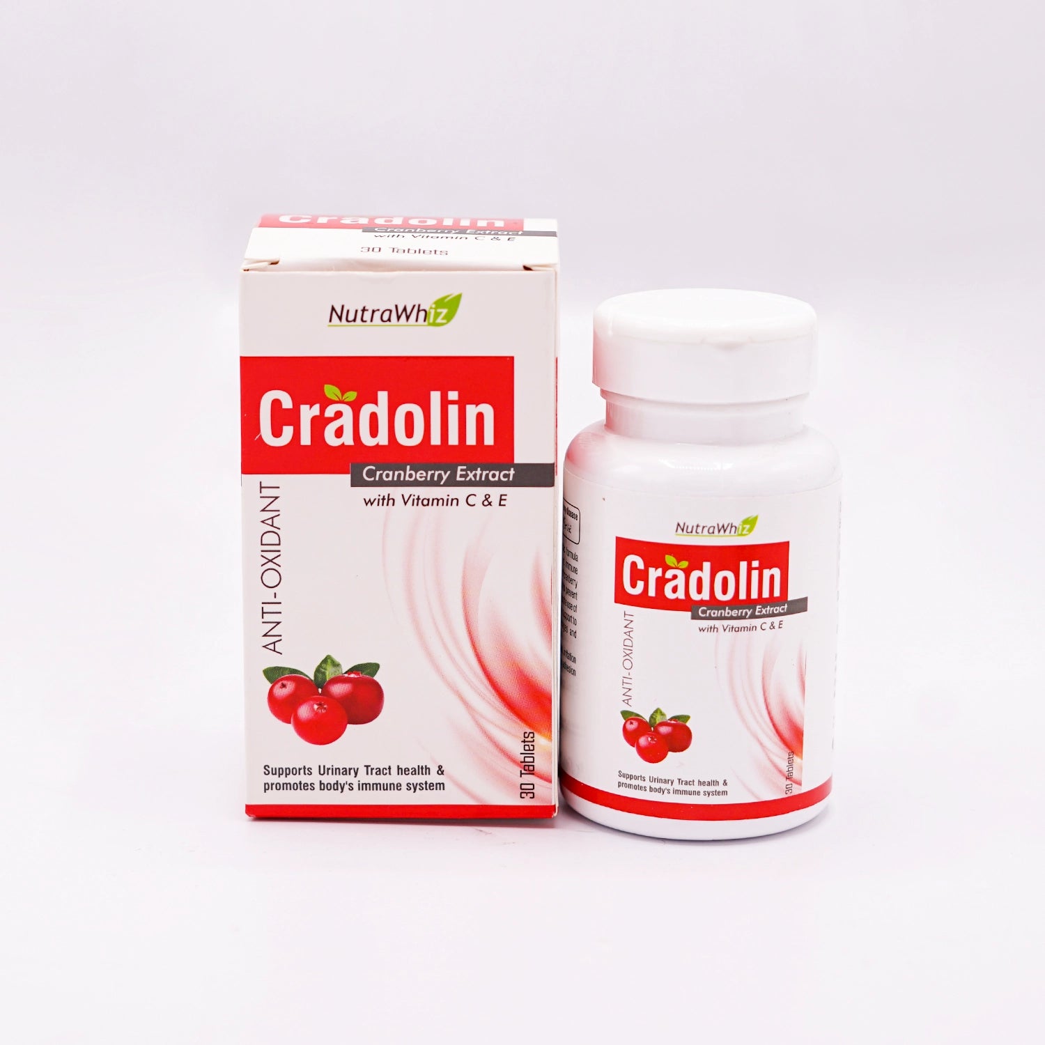 NutraWhiz Cradolin Cranberry Extract with Vitamin C & E, 30 Tablets, in a white bottle with a red and white label featuring cranberry graphics, next to its matching white and red box.