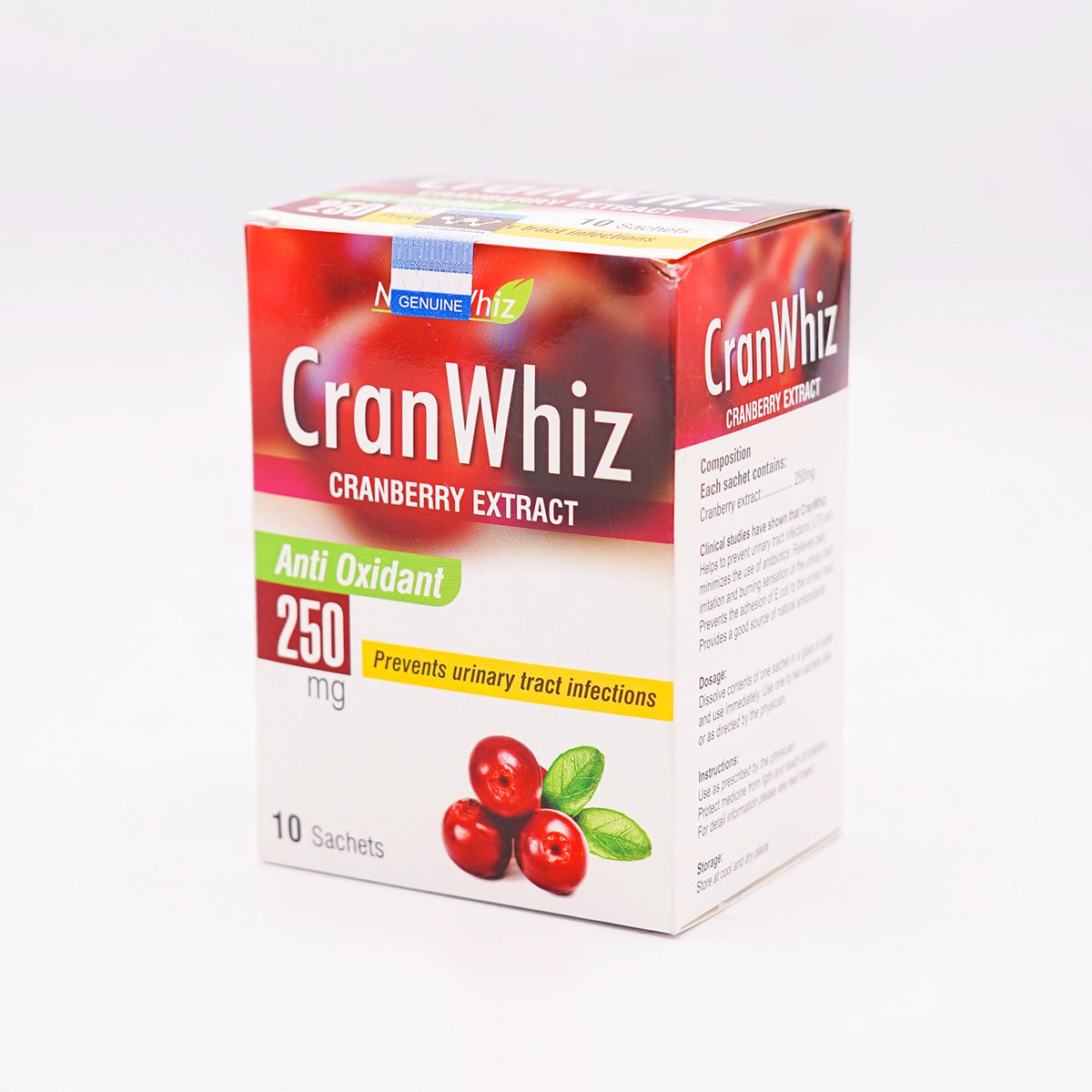 NutraWhiz CranWhiz Cranberry Extract, Anti Oxidant 250 mg, 10 sachets, in a white and red box featuring cranberries.