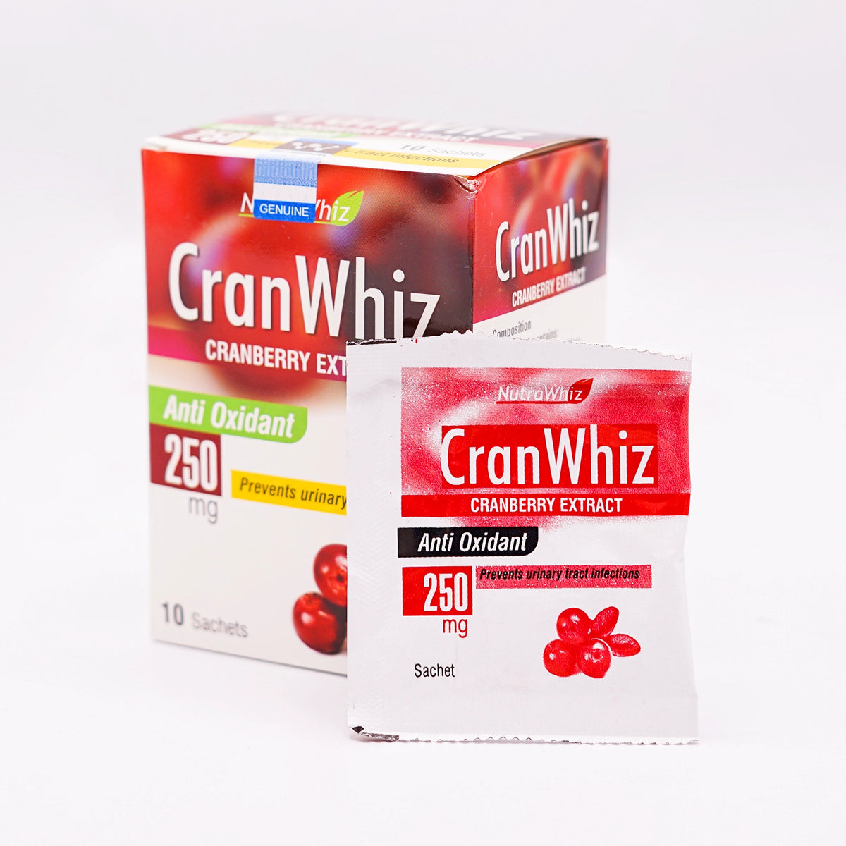 NutraWhiz CranWhiz Cranberry Extract, Anti Oxidant 250 mg, 10 sachets, in a white and red box featuring cranberries, and one individual sachet.