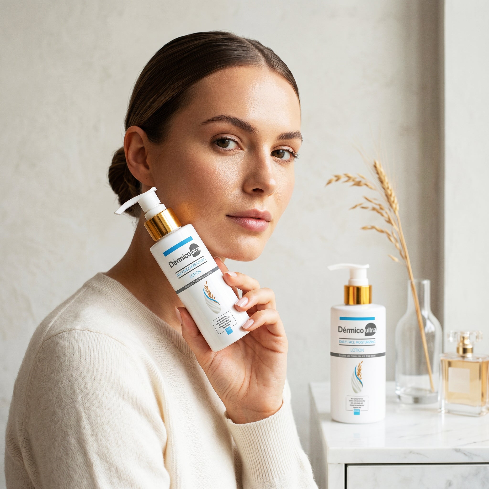 Woman holding a bottle of Dermico Ultra Face Moisturizing Lotion next to another bottle and a perfume on a marble surface
