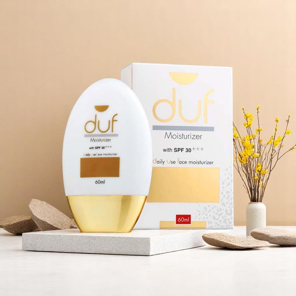 DUF Moisturizer with SPF 30+++, 60ml oval-shaped bottle, and its white and gold box
