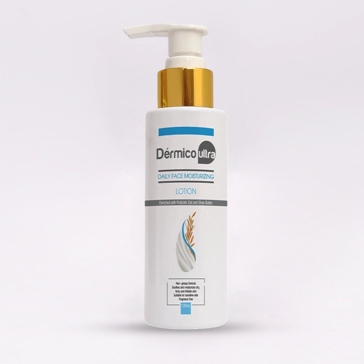 Dermico Ultra Daily Face Moisturizing Lotion, a non-greasy and fragrance-free formula enriched with probiotic glut and shea butter, suitable for sensitive and dry skin.