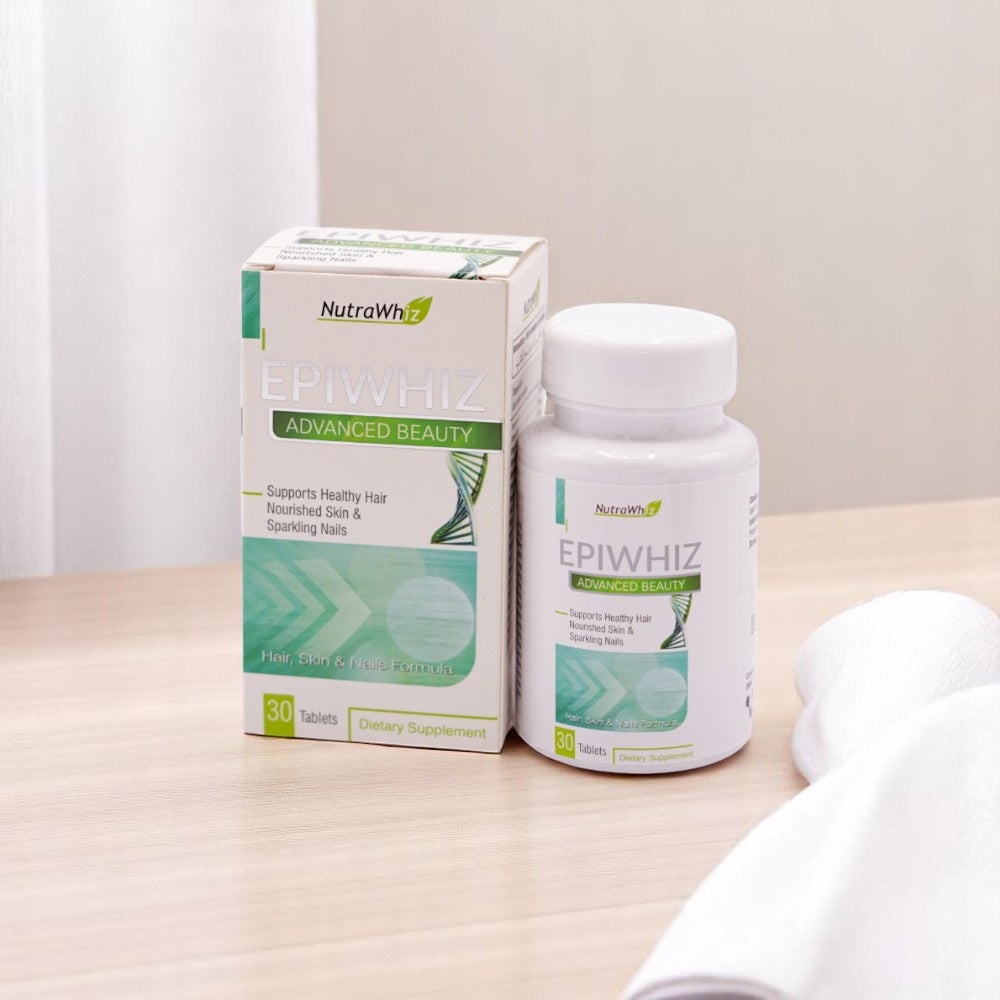 Nutra Whiz Epiwhiz Advanced Beauty Tablets Dietary Supplement, in a white bottle and its matching white and green box.