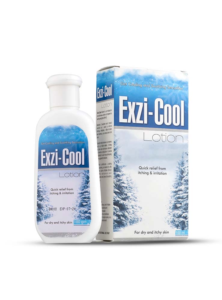 A bottle of Exzi Cool lotion next to a box