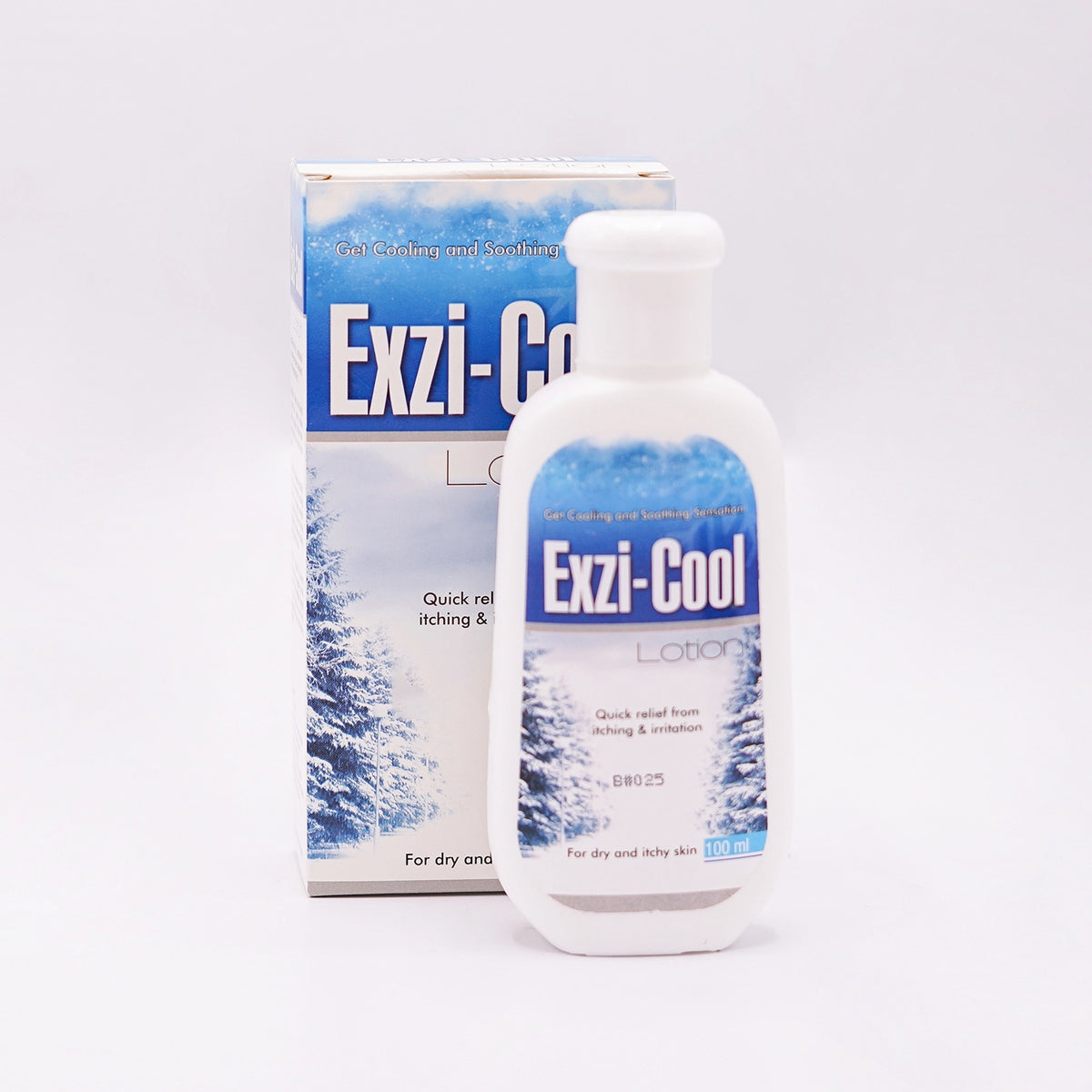 Exzi-Cool Lotion, a topical solution for quick relief from itching & other symptoms, for dry and itchy skin, in a white bottle with a blue and white label featuring pine trees covered in snow, next to its matching box.