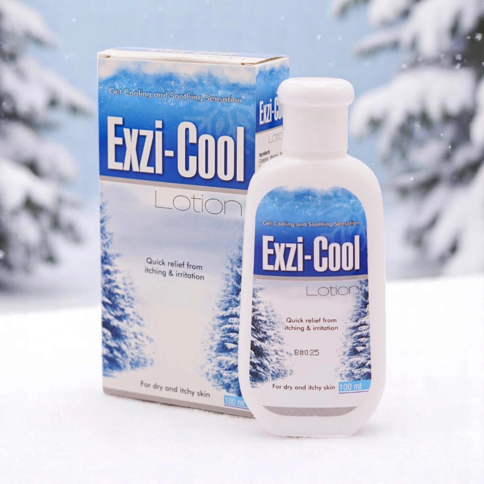 Exzi-Cool Lotion, 100ml white bottle with a blue winter scene label and a white cap, and its matching white and blue box, set against a snowy background with pine trees.