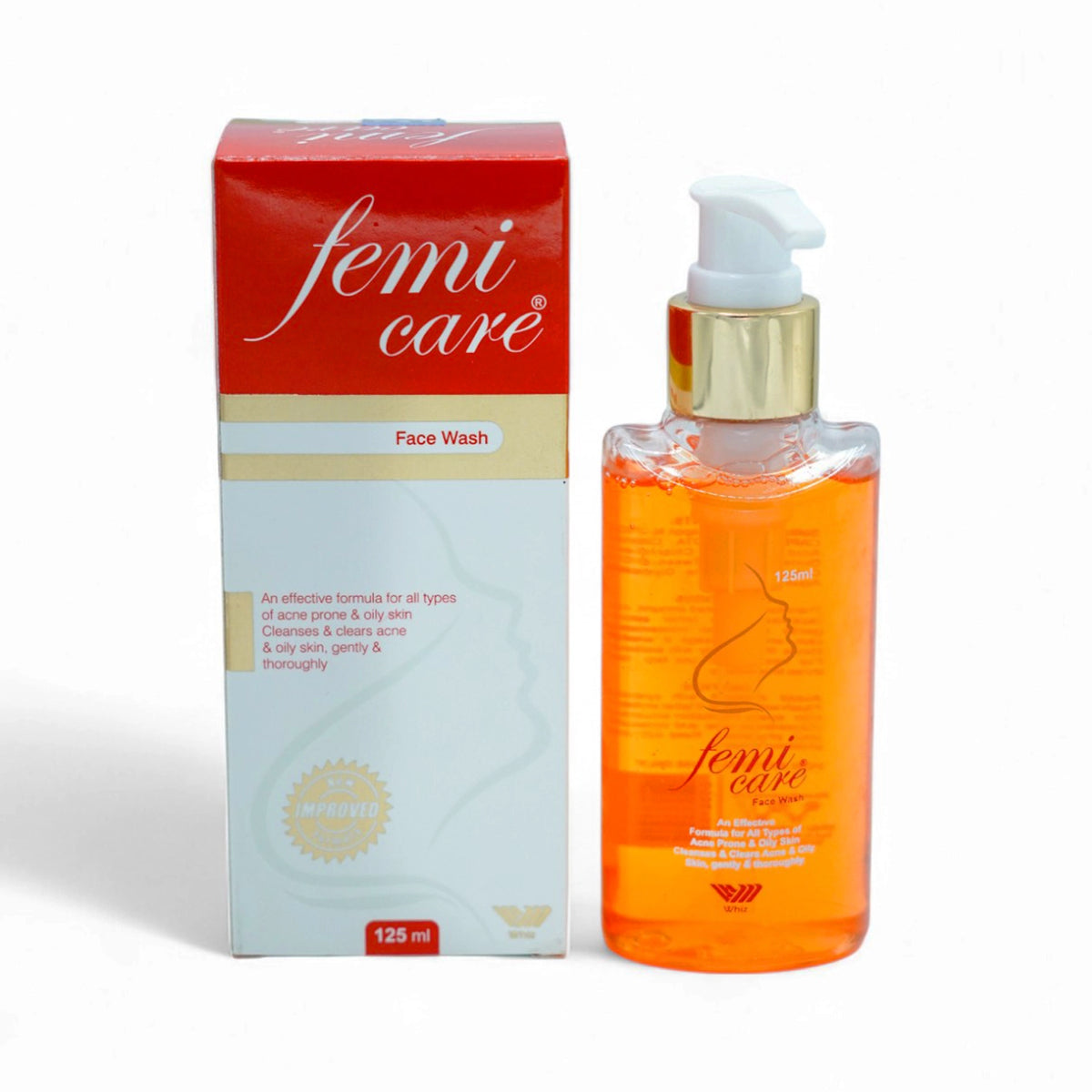 Femicare Face Wash, an effective formula for all types of acne-prone and oily skin, 125ml clear bottle with a gold pump dispenser.