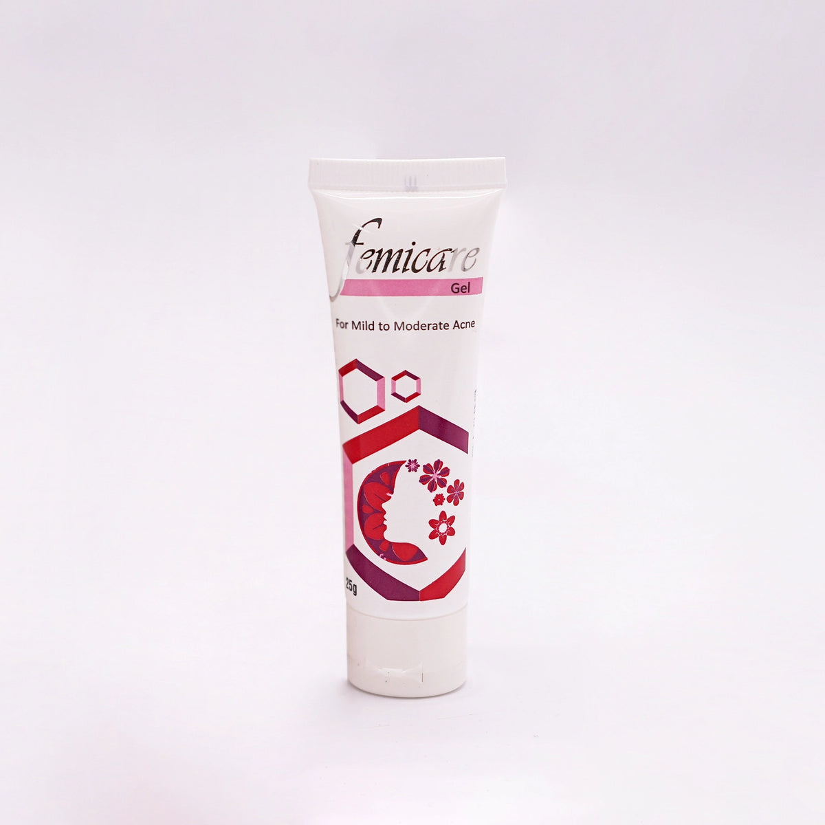 Femicare Gel, white tube with a pink and white label, and its matching white and pink box featuring geometric and floral designs