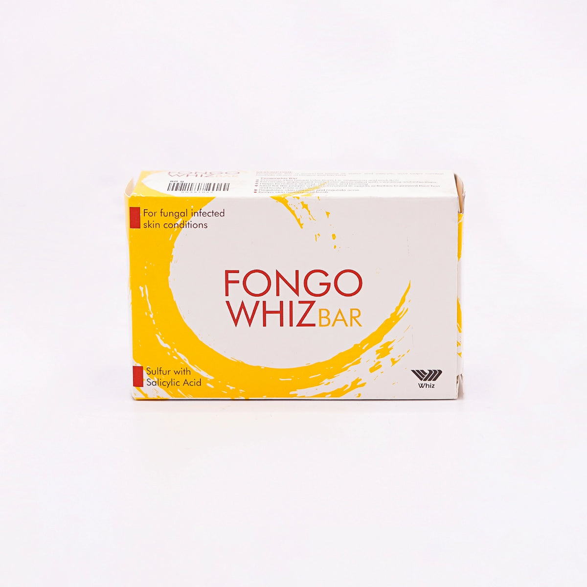 Fongo Whiz Bar, 85 gm, For Fungal Infected Skin Conditions, containing Sulfur with Salicylic Acid, in a white box with an orange and yellow abstract design.